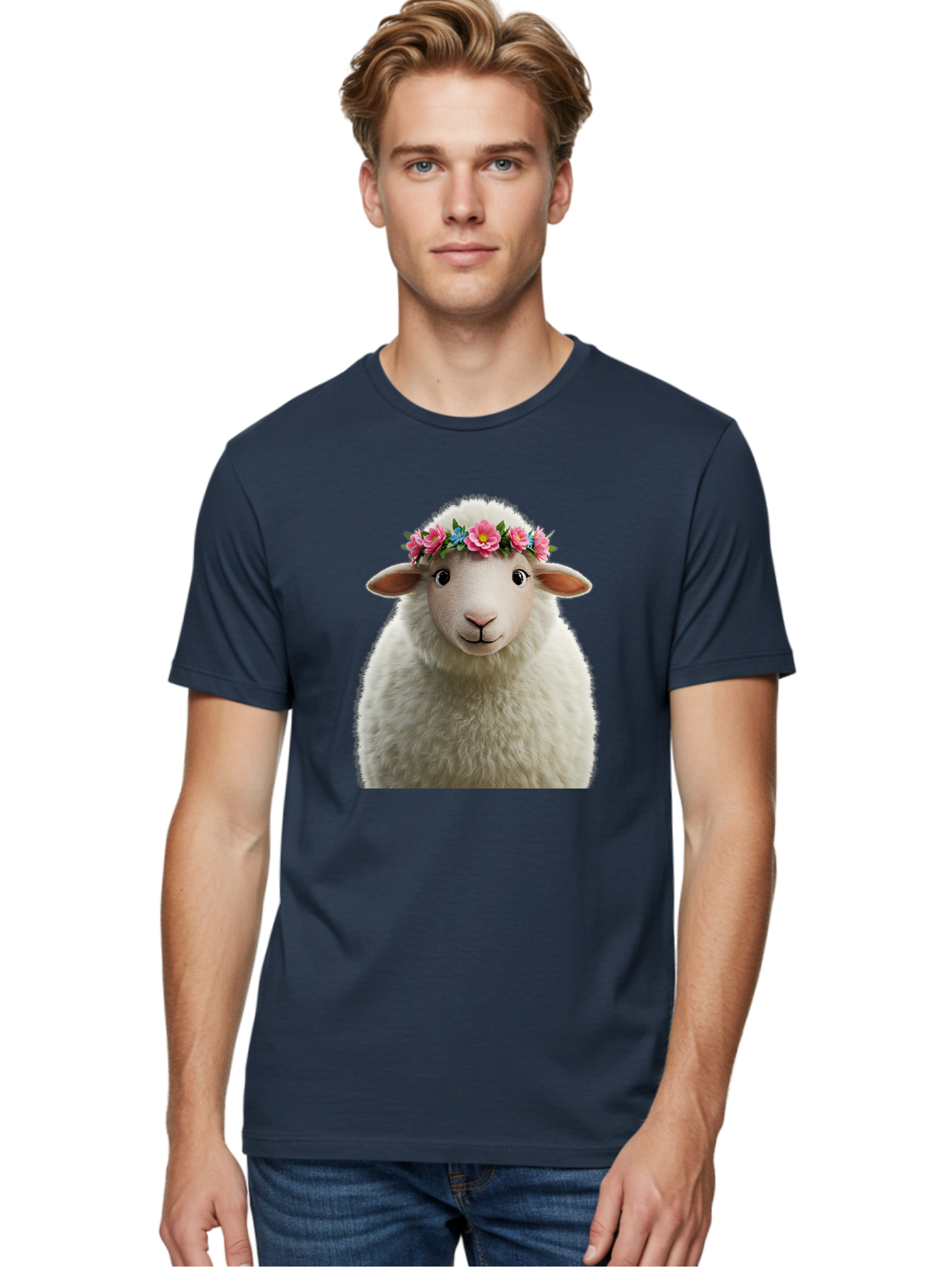 Floral-Sheep-Portrait Men'S Graphic Tee, 100% Cotton, Comfortable Casual Summer Wear, Machine Washable, White Sheep, Cartoon Sheep, Floral Crown, Pink Flowers, Blue Flowers, Cute Animal, Fluffy Fur, Friendly Face, Smiling Sheep, Spring Theme, Bad105