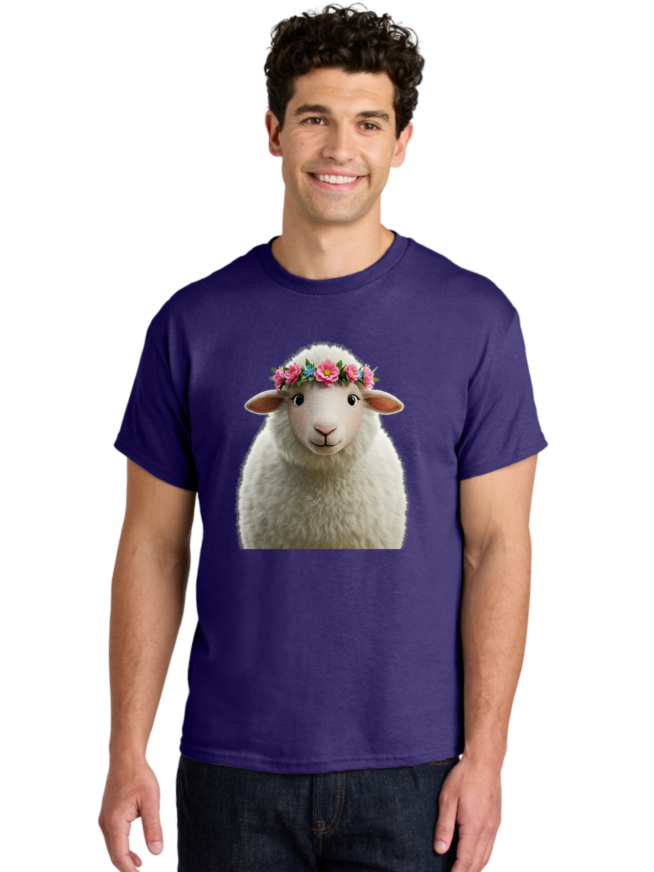 Floral-Sheep-Portrait Men'S Graphic Tee, 100% Cotton, Comfortable Casual Summer Wear, Machine Washable, White Sheep, Cartoon Sheep, Floral Crown, Pink Flowers, Blue Flowers, Cute Animal, Fluffy Fur, Friendly Face, Smiling Sheep, Spring Theme, Bad105