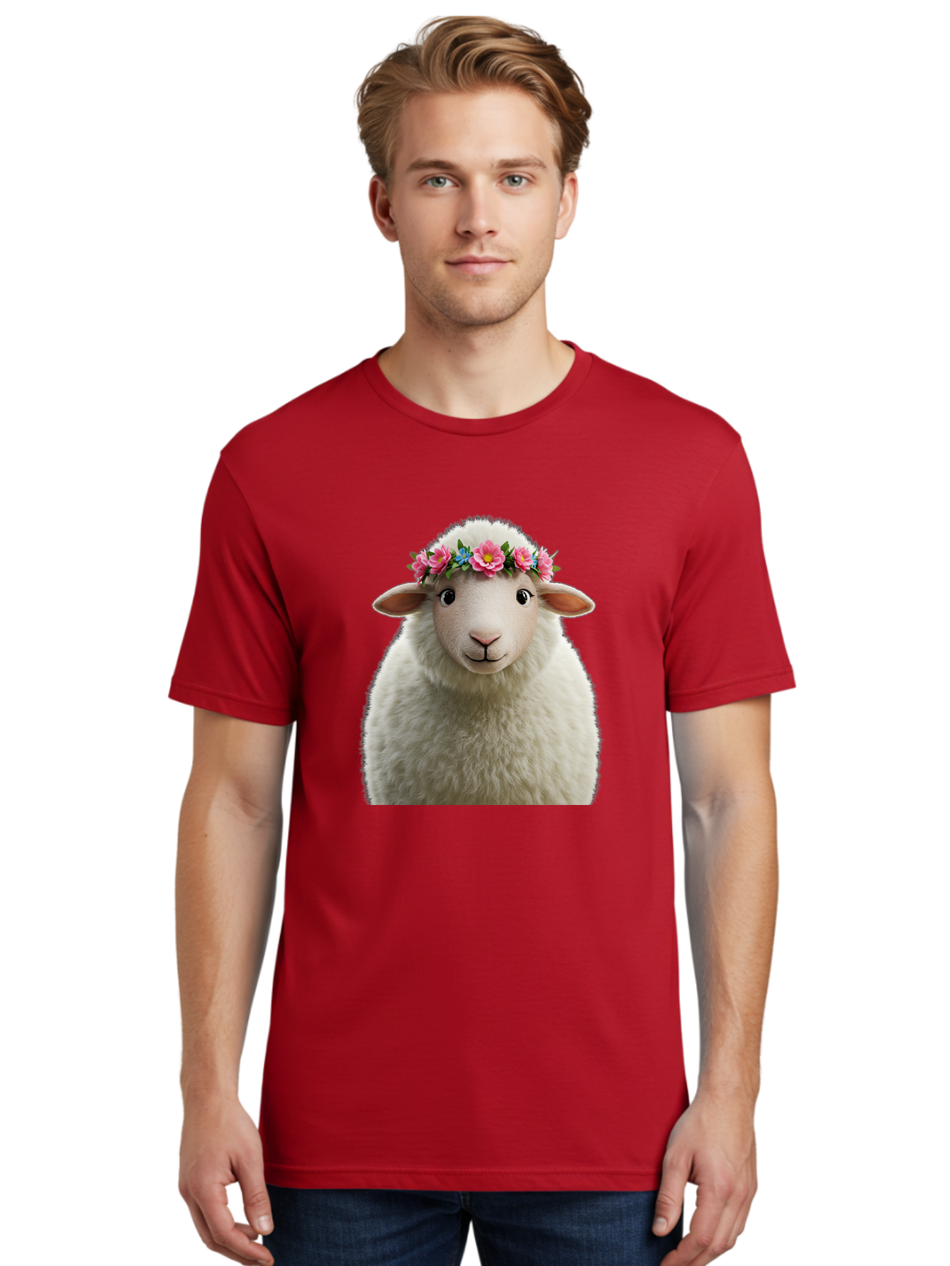 Floral-Sheep-Portrait Men'S Graphic Tee, 100% Cotton, Comfortable Casual Summer Wear, Machine Washable, White Sheep, Cartoon Sheep, Floral Crown, Pink Flowers, Blue Flowers, Cute Animal, Fluffy Fur, Friendly Face, Smiling Sheep, Spring Theme, Bad105