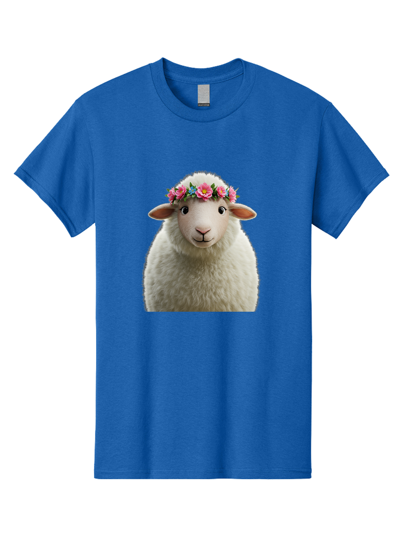 Floral-Sheep-Portrait Men'S Graphic Tee, 100% Cotton, Comfortable Casual Summer Wear, Machine Washable, White Sheep, Cartoon Sheep, Floral Crown, Pink Flowers, Blue Flowers, Cute Animal, Fluffy Fur, Friendly Face, Smiling Sheep, Spring Theme, Bad105