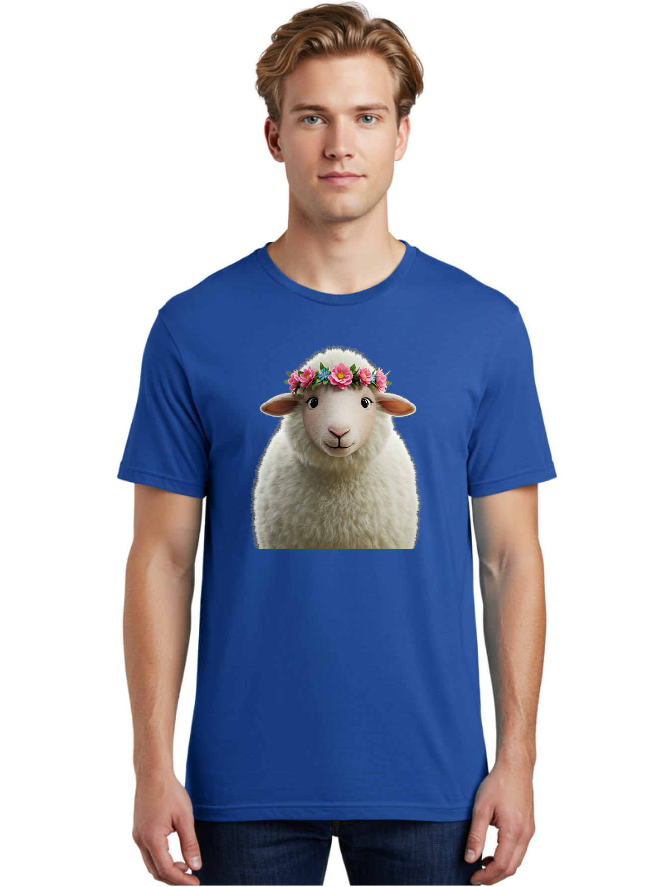 Floral-Sheep-Portrait Men'S Graphic Tee, 100% Cotton, Comfortable Casual Summer Wear, Machine Washable, White Sheep, Cartoon Sheep, Floral Crown, Pink Flowers, Blue Flowers, Cute Animal, Fluffy Fur, Friendly Face, Smiling Sheep, Spring Theme, Bad105
