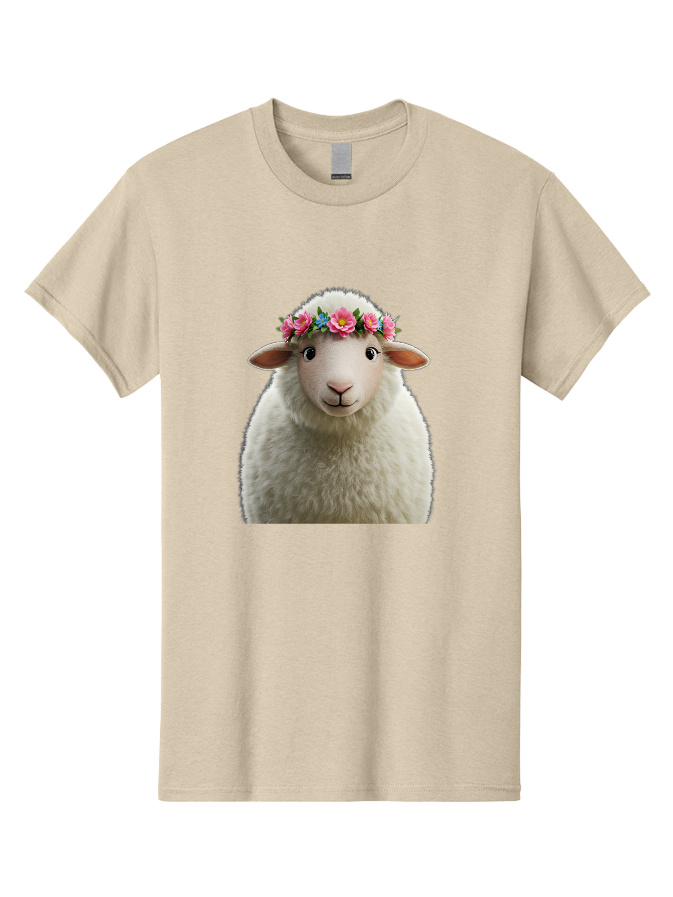 Floral-Sheep-Portrait Men'S Graphic Tee, 100% Cotton, Comfortable Casual Summer Wear, Machine Washable, White Sheep, Cartoon Sheep, Floral Crown, Pink Flowers, Blue Flowers, Cute Animal, Fluffy Fur, Friendly Face, Smiling Sheep, Spring Theme, Bad105