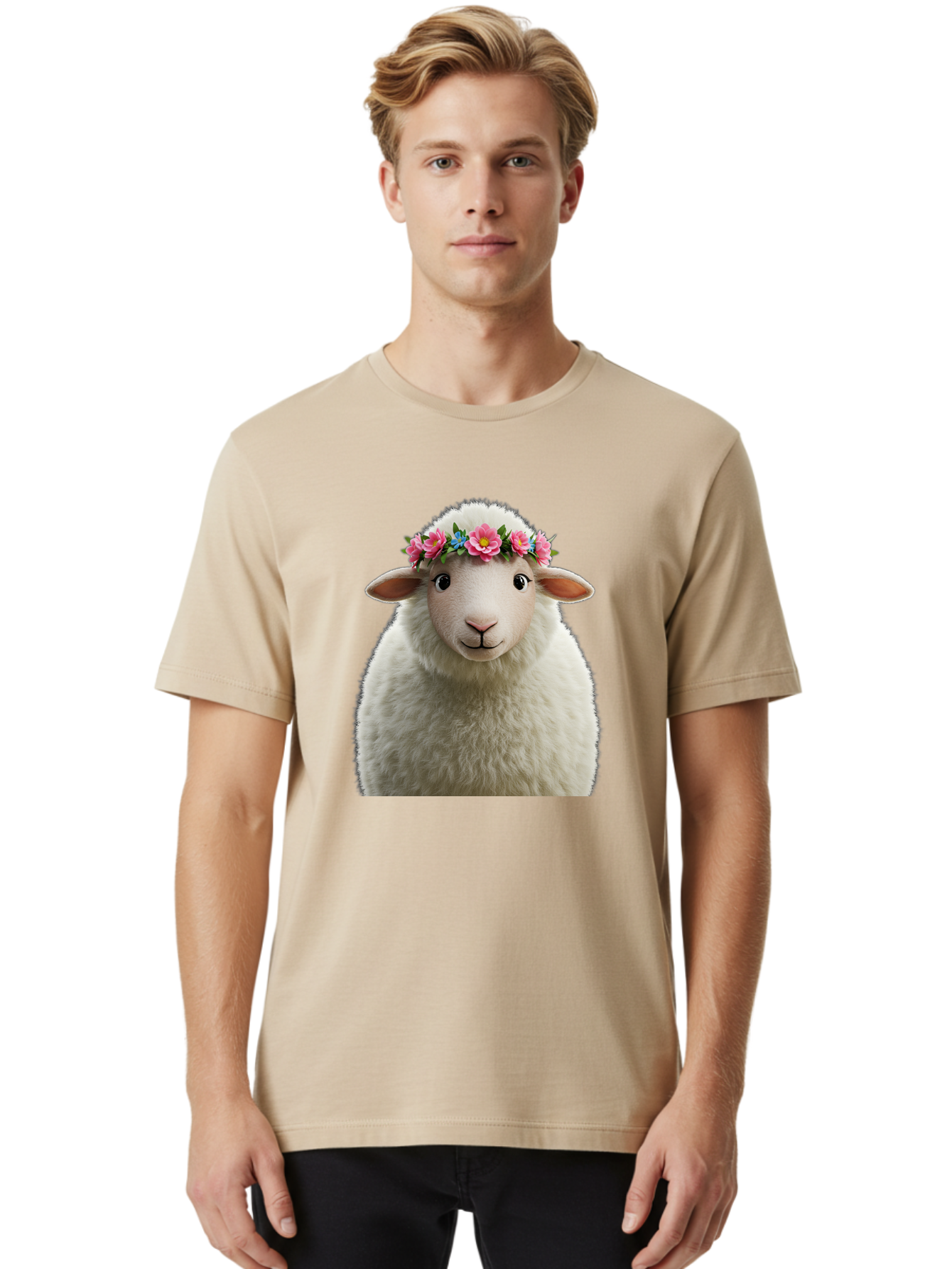 Floral-Sheep-Portrait Men'S Graphic Tee, 100% Cotton, Comfortable Casual Summer Wear, Machine Washable, White Sheep, Cartoon Sheep, Floral Crown, Pink Flowers, Blue Flowers, Cute Animal, Fluffy Fur, Friendly Face, Smiling Sheep, Spring Theme, Bad105