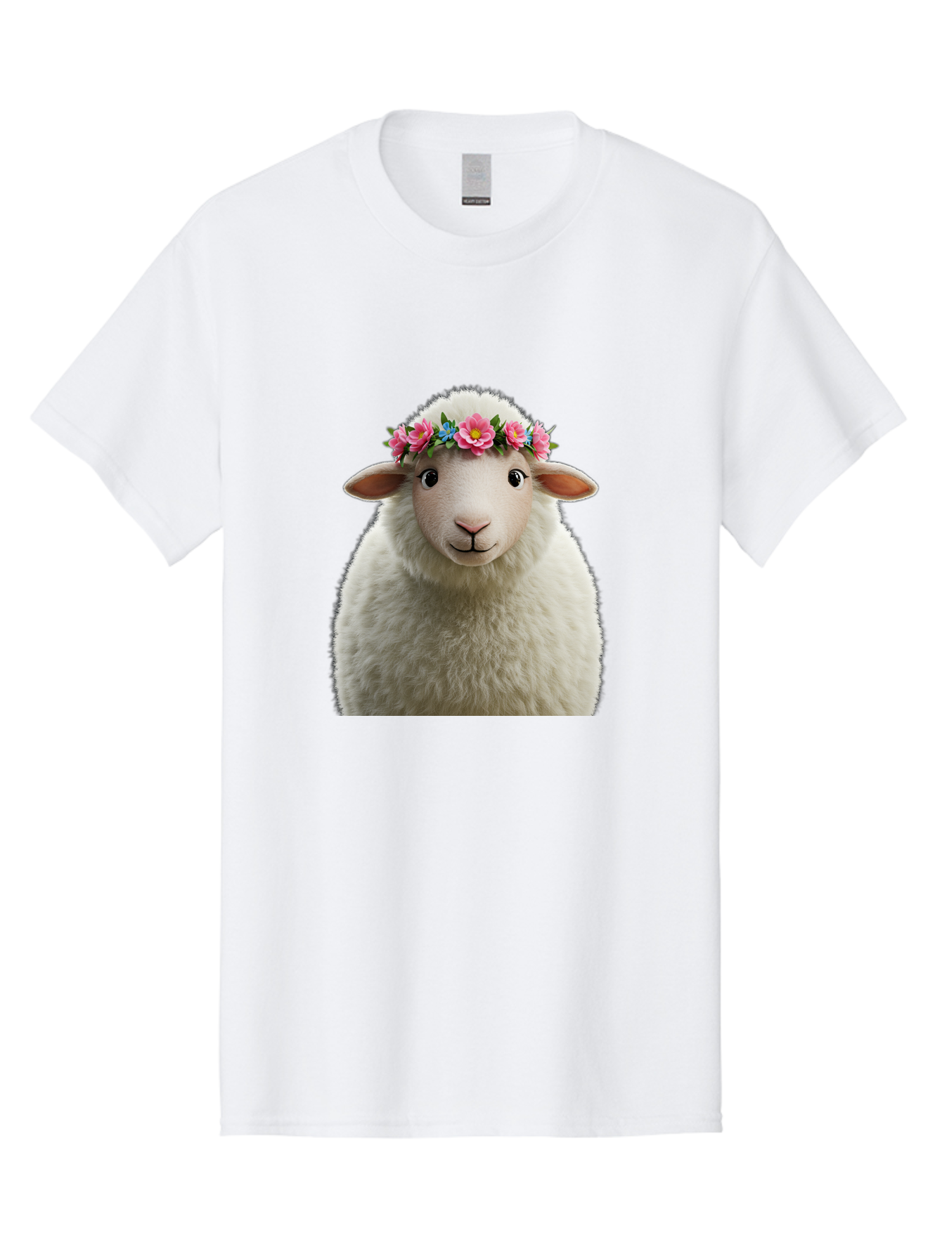 Floral-Sheep-Portrait Men'S Graphic Tee, 100% Cotton, Comfortable Casual Summer Wear, Machine Washable, White Sheep, Cartoon Sheep, Floral Crown, Pink Flowers, Blue Flowers, Cute Animal, Fluffy Fur, Friendly Face, Smiling Sheep, Spring Theme, Bad105