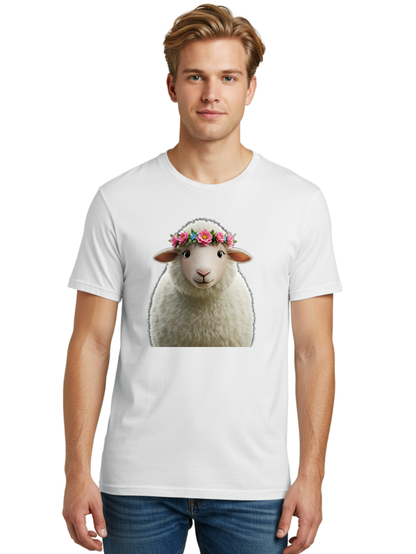 Floral-Sheep-Portrait Men'S Graphic Tee, 100% Cotton, Comfortable Casual Summer Wear, Machine Washable, White Sheep, Cartoon Sheep, Floral Crown, Pink Flowers, Blue Flowers, Cute Animal, Fluffy Fur, Friendly Face, Smiling Sheep, Spring Theme, Bad105