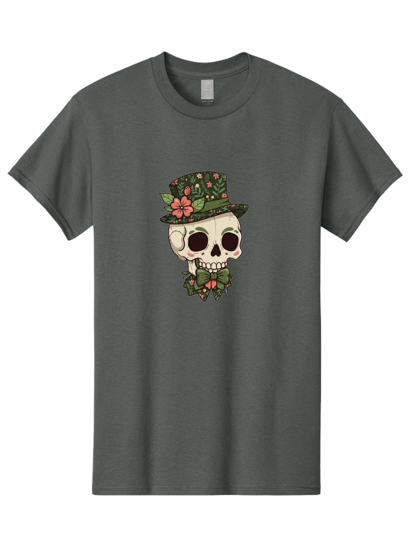 Floral-Skull Men'S Graphic Tee, 100% Cotton, Comfortable Casual Summer Wear, Machine Washable, Skull With Hat, Floral Pattern, Bow Tie, Sugar Skull, Day Of The Dead, Gothic Chic, Floral Accessories, Vintage Style Bad106
