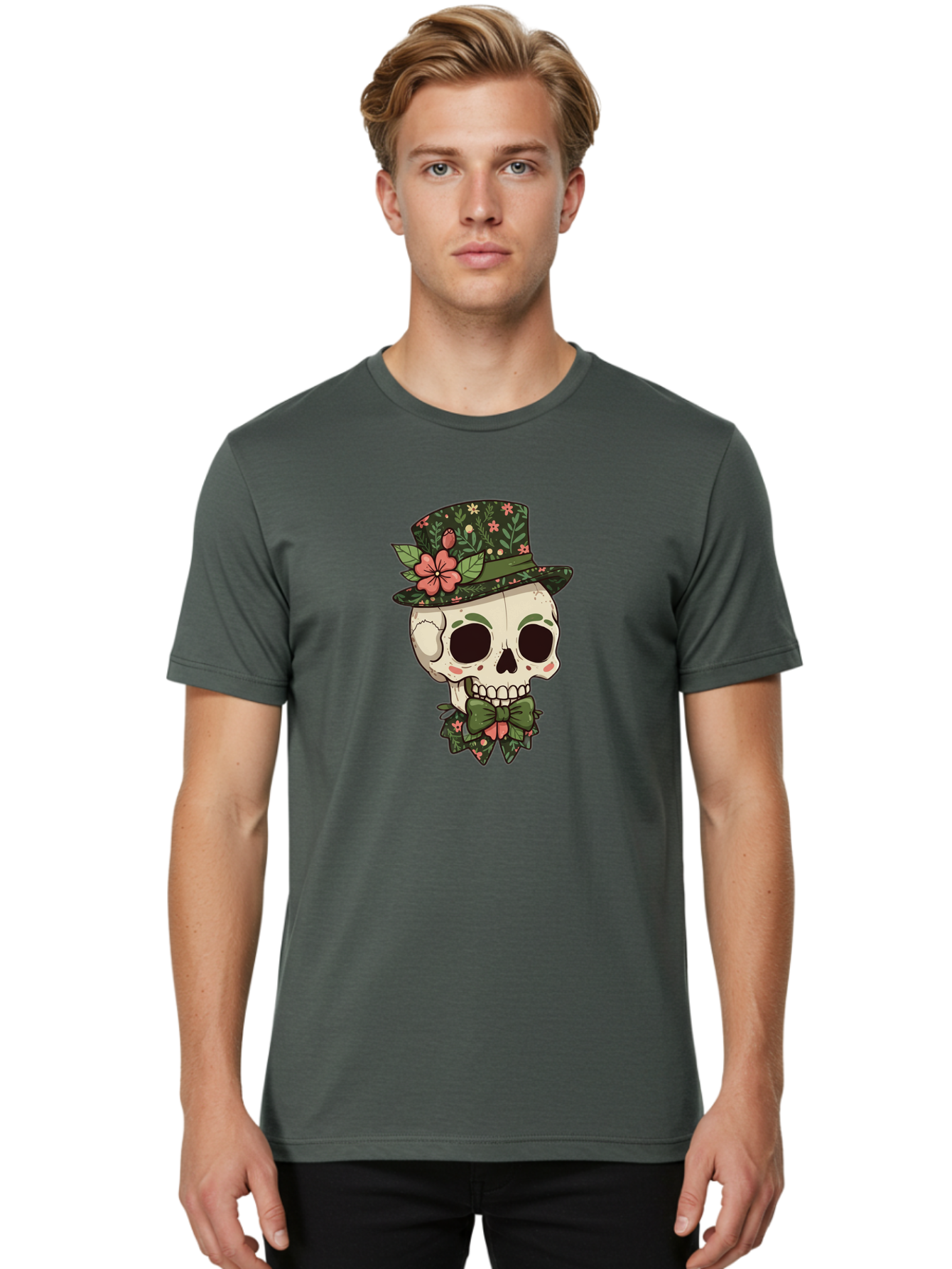 Floral-Skull Men'S Graphic Tee, 100% Cotton, Comfortable Casual Summer Wear, Machine Washable, Skull With Hat, Floral Pattern, Bow Tie, Sugar Skull, Day Of The Dead, Gothic Chic, Floral Accessories, Vintage Style Bad106