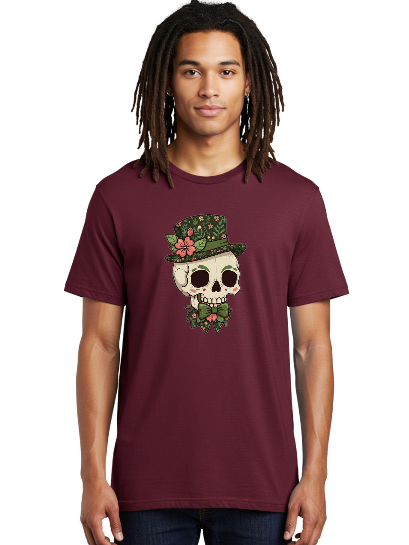 Floral-Skull Men'S Graphic Tee, 100% Cotton, Comfortable Casual Summer Wear, Machine Washable, Skull With Hat, Floral Pattern, Bow Tie, Sugar Skull, Day Of The Dead, Gothic Chic, Floral Accessories, Vintage Style Bad106