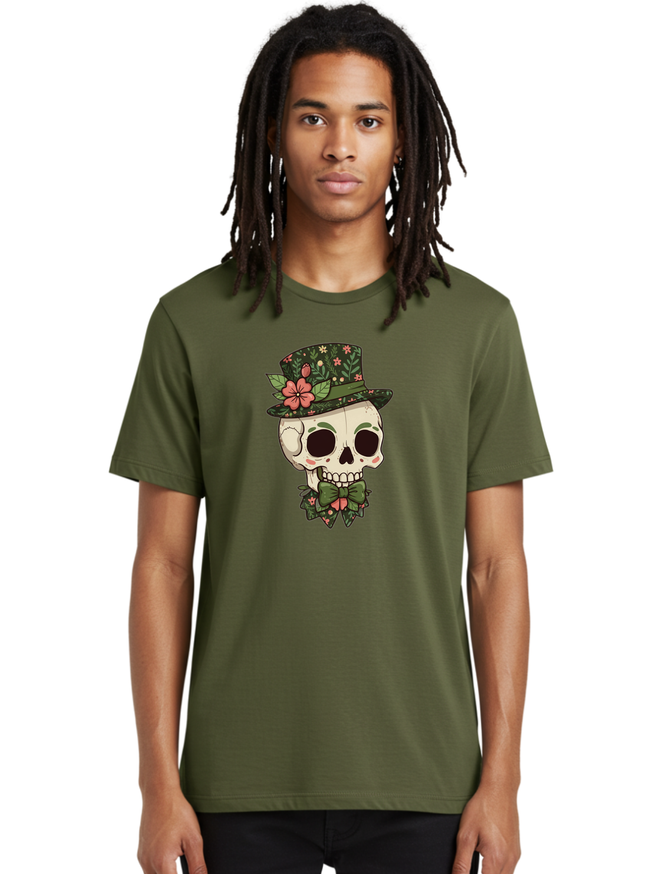 Floral-Skull Men'S Graphic Tee, 100% Cotton, Comfortable Casual Summer Wear, Machine Washable, Skull With Hat, Floral Pattern, Bow Tie, Sugar Skull, Day Of The Dead, Gothic Chic, Floral Accessories, Vintage Style Bad106