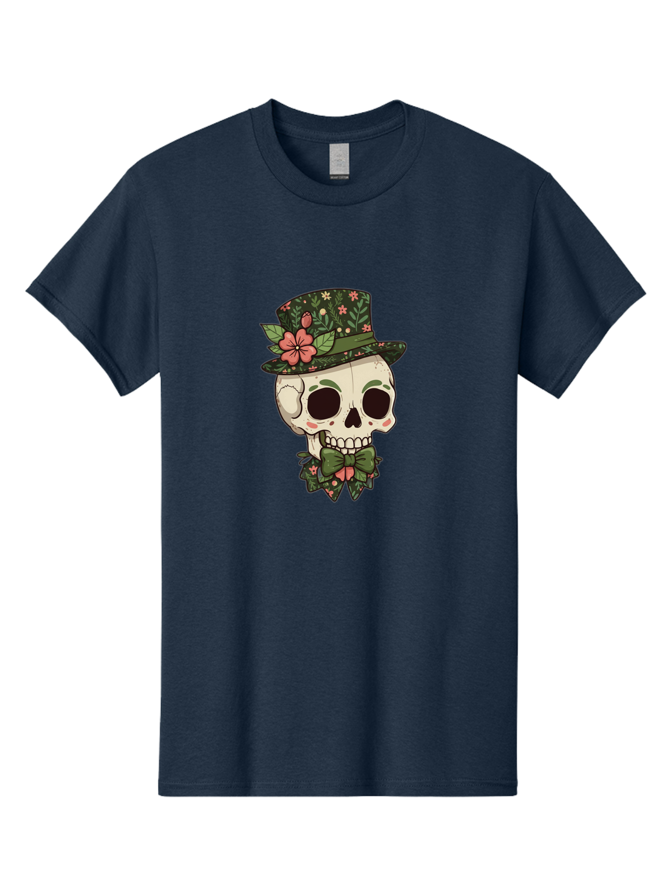 Floral-Skull Men'S Graphic Tee, 100% Cotton, Comfortable Casual Summer Wear, Machine Washable, Skull With Hat, Floral Pattern, Bow Tie, Sugar Skull, Day Of The Dead, Gothic Chic, Floral Accessories, Vintage Style Bad106