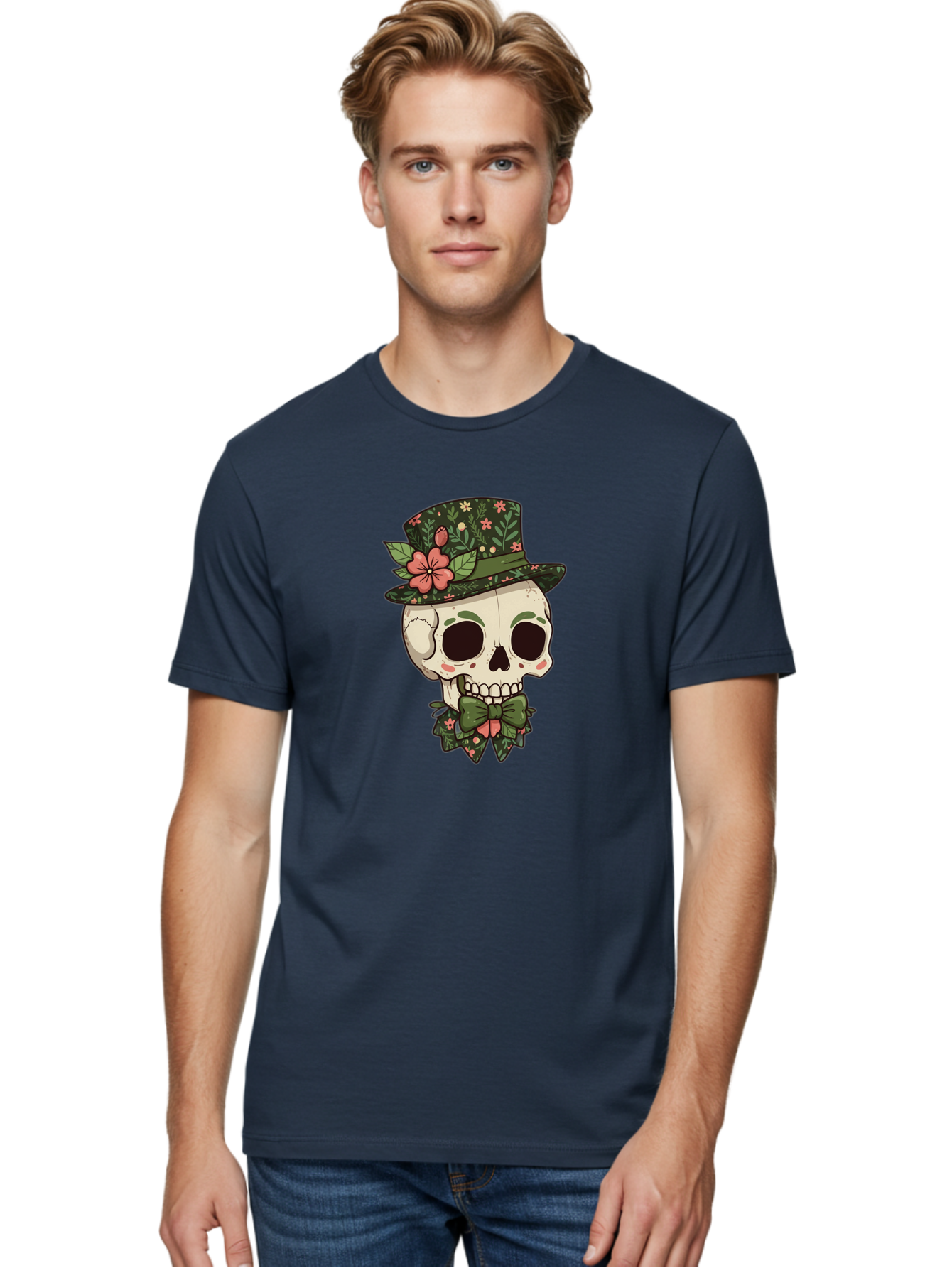 Floral-Skull Men'S Graphic Tee, 100% Cotton, Comfortable Casual Summer Wear, Machine Washable, Skull With Hat, Floral Pattern, Bow Tie, Sugar Skull, Day Of The Dead, Gothic Chic, Floral Accessories, Vintage Style Bad106