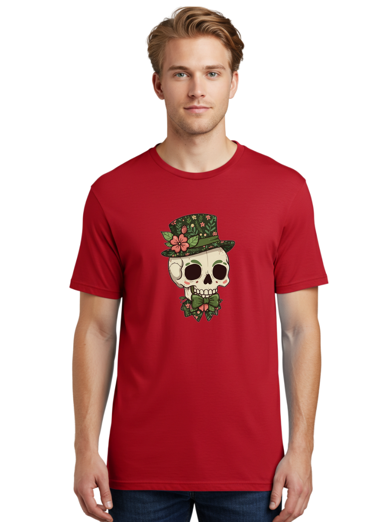 Floral-Skull Men'S Graphic Tee, 100% Cotton, Comfortable Casual Summer Wear, Machine Washable, Skull With Hat, Floral Pattern, Bow Tie, Sugar Skull, Day Of The Dead, Gothic Chic, Floral Accessories, Vintage Style Bad106