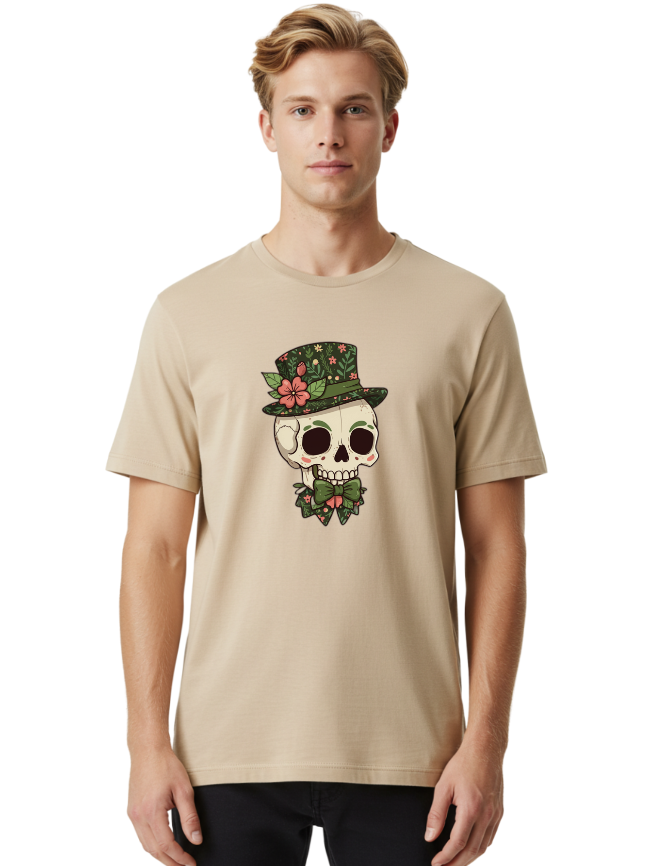 Floral-Skull Men'S Graphic Tee, 100% Cotton, Comfortable Casual Summer Wear, Machine Washable, Skull With Hat, Floral Pattern, Bow Tie, Sugar Skull, Day Of The Dead, Gothic Chic, Floral Accessories, Vintage Style Bad106
