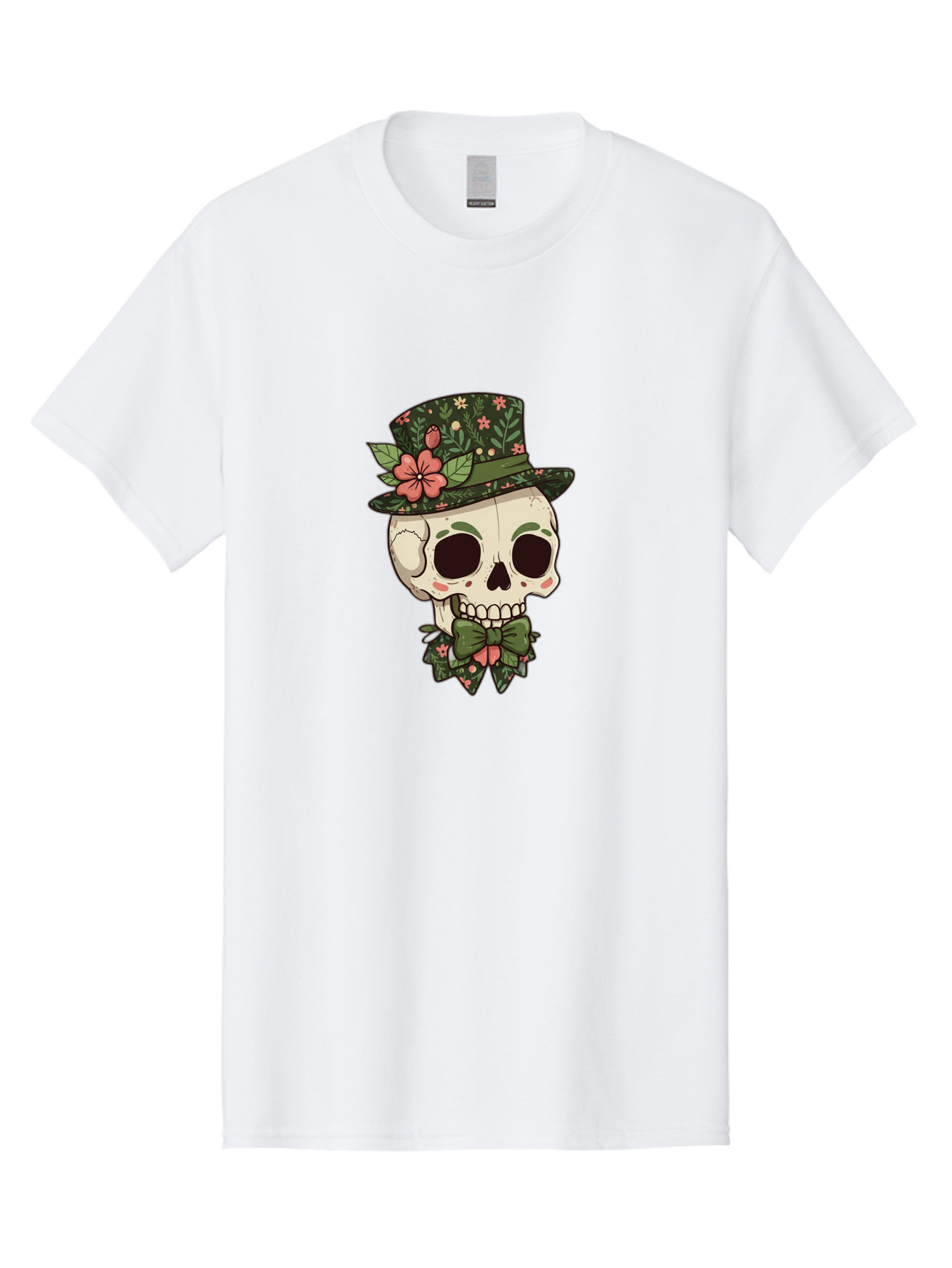Floral-Skull Men'S Graphic Tee, 100% Cotton, Comfortable Casual Summer Wear, Machine Washable, Skull With Hat, Floral Pattern, Bow Tie, Sugar Skull, Day Of The Dead, Gothic Chic, Floral Accessories, Vintage Style Bad106