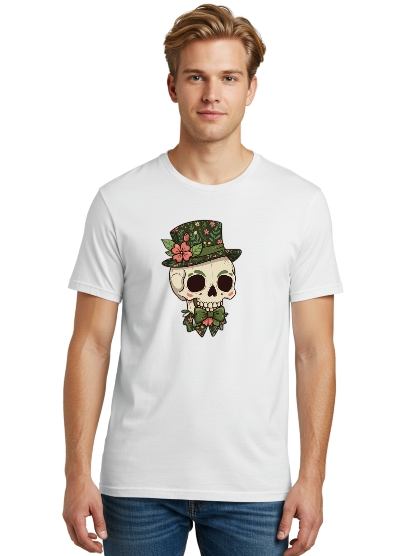 Floral-Skull Men'S Graphic Tee, 100% Cotton, Comfortable Casual Summer Wear, Machine Washable, Skull With Hat, Floral Pattern, Bow Tie, Sugar Skull, Day Of The Dead, Gothic Chic, Floral Accessories, Vintage Style Bad106