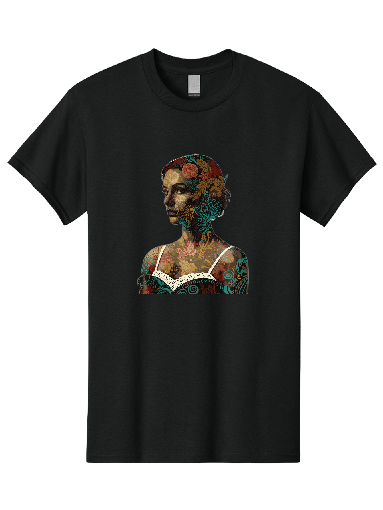 Floral-Woman Men'S Graphic Tee, 100% Cotton, Comfortable Casual Summer Wear, Machine Washable, Woman'S Profile, Floral Patterns, Intricate Designs, Vibrant Colors, Bohemian Style, Artistic Expression, Digital Art, Floral Motifs, Bad107