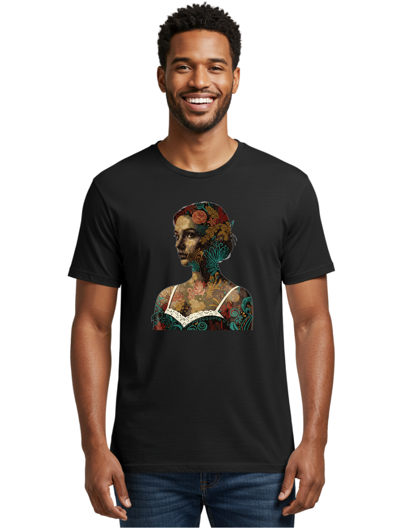 Floral-Woman Men'S Graphic Tee, 100% Cotton, Comfortable Casual Summer Wear, Machine Washable, Woman'S Profile, Floral Patterns, Intricate Designs, Vibrant Colors, Bohemian Style, Artistic Expression, Digital Art, Floral Motifs, Bad107