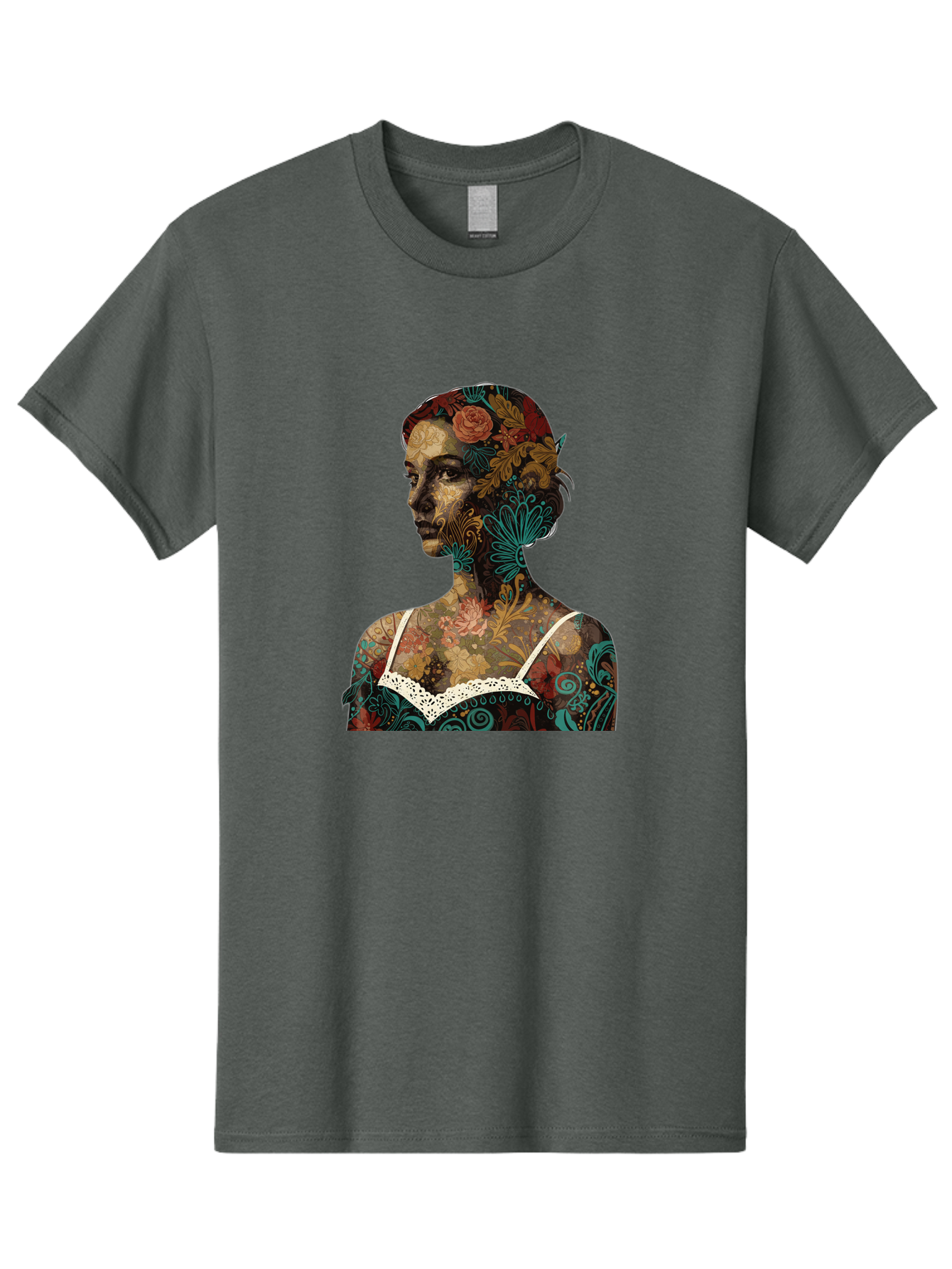 Floral-Woman Men'S Graphic Tee, 100% Cotton, Comfortable Casual Summer Wear, Machine Washable, Woman'S Profile, Floral Patterns, Intricate Designs, Vibrant Colors, Bohemian Style, Artistic Expression, Digital Art, Floral Motifs, Bad107