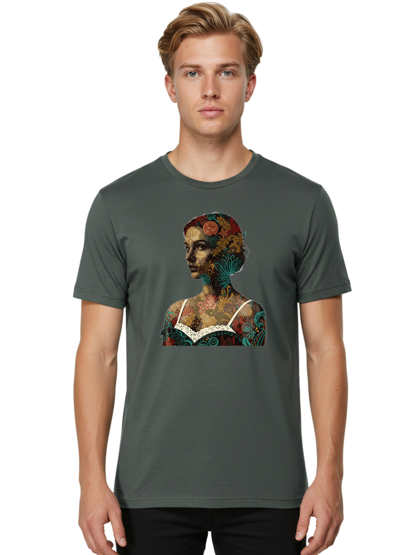 Floral-Woman Men'S Graphic Tee, 100% Cotton, Comfortable Casual Summer Wear, Machine Washable, Woman'S Profile, Floral Patterns, Intricate Designs, Vibrant Colors, Bohemian Style, Artistic Expression, Digital Art, Floral Motifs, Bad107