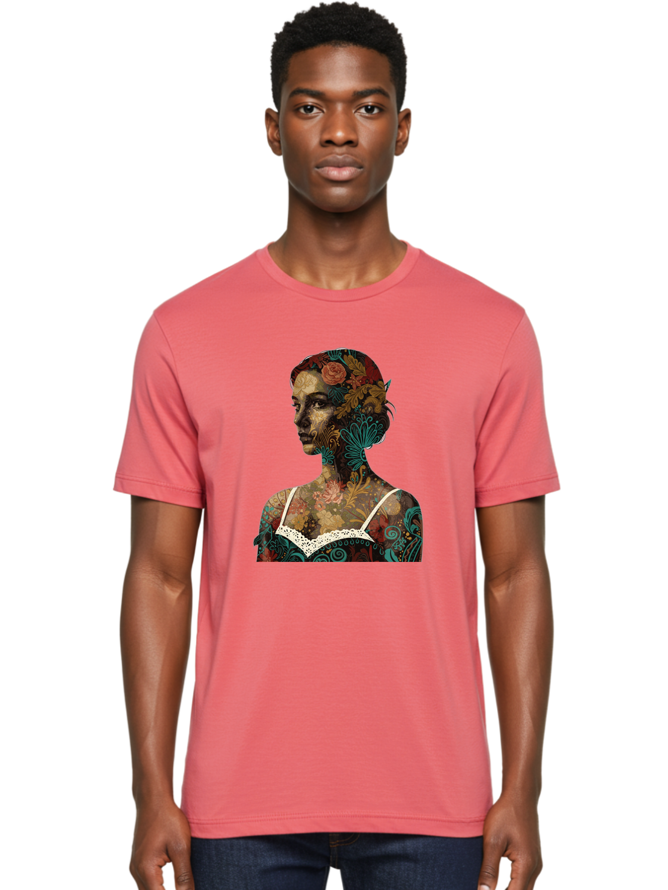 Floral-Woman Men'S Graphic Tee, 100% Cotton, Comfortable Casual Summer Wear, Machine Washable, Woman'S Profile, Floral Patterns, Intricate Designs, Vibrant Colors, Bohemian Style, Artistic Expression, Digital Art, Floral Motifs, Bad107
