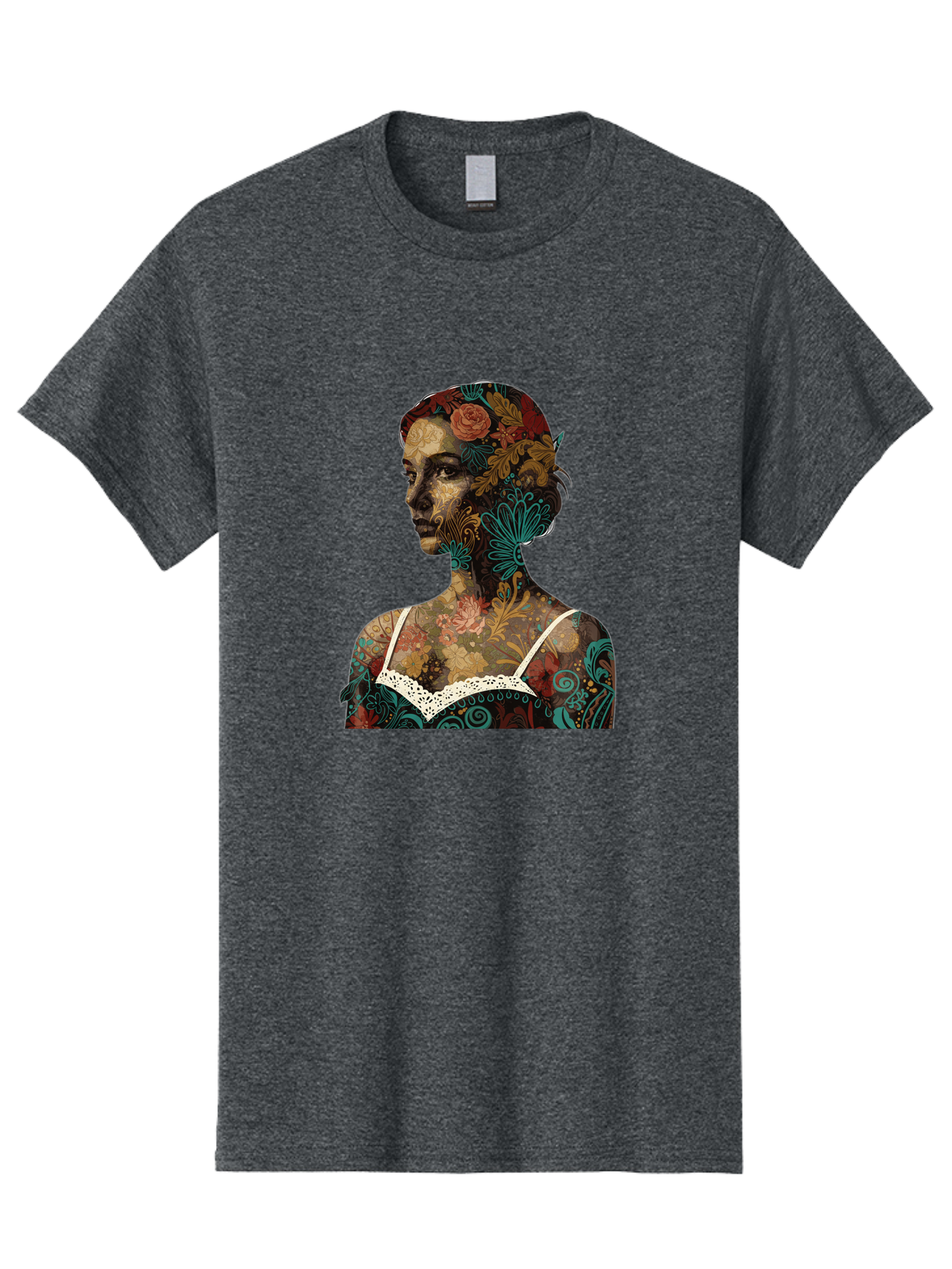 Floral-Woman Men'S Graphic Tee, 100% Cotton, Comfortable Casual Summer Wear, Machine Washable, Woman'S Profile, Floral Patterns, Intricate Designs, Vibrant Colors, Bohemian Style, Artistic Expression, Digital Art, Floral Motifs, Bad107