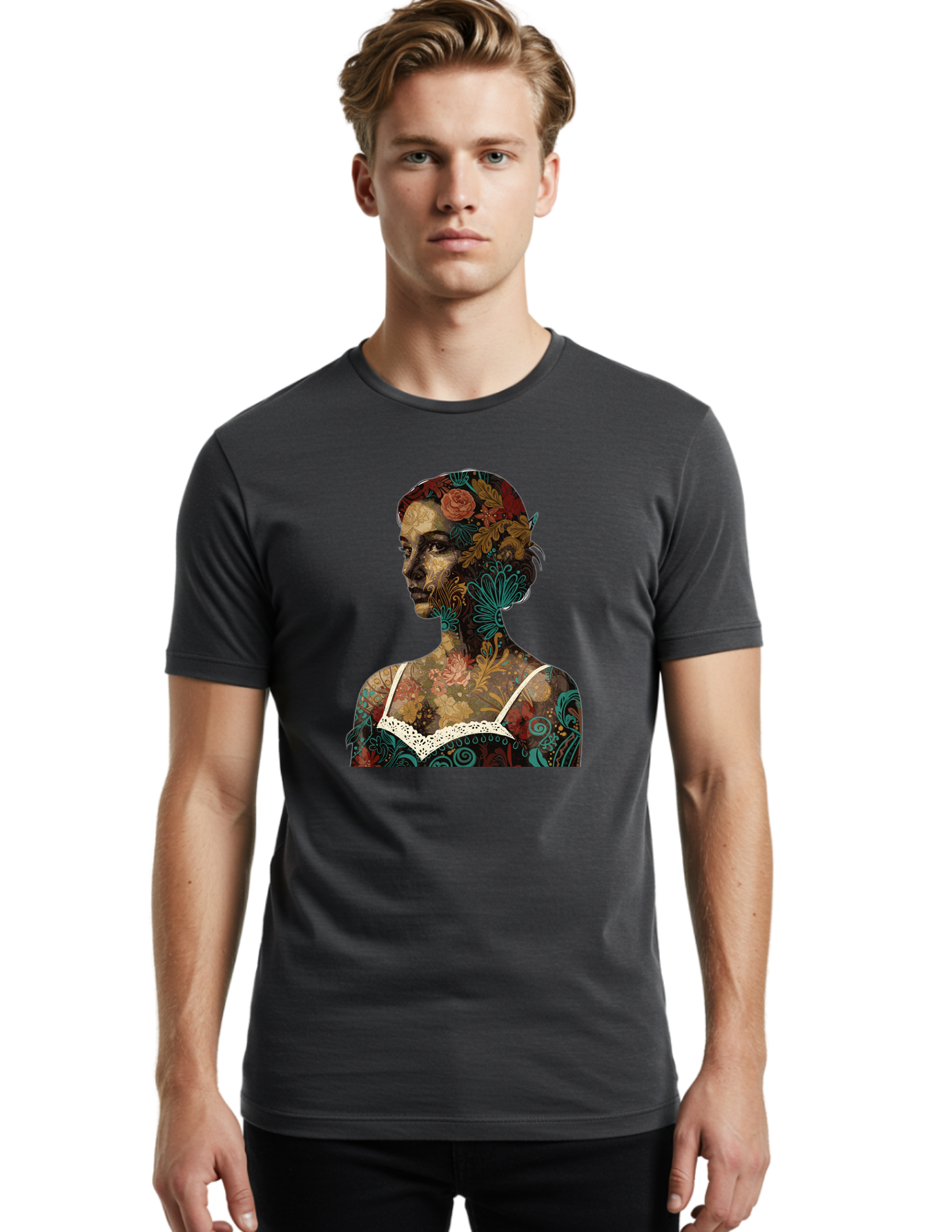 Floral-Woman Men'S Graphic Tee, 100% Cotton, Comfortable Casual Summer Wear, Machine Washable, Woman'S Profile, Floral Patterns, Intricate Designs, Vibrant Colors, Bohemian Style, Artistic Expression, Digital Art, Floral Motifs, Bad107