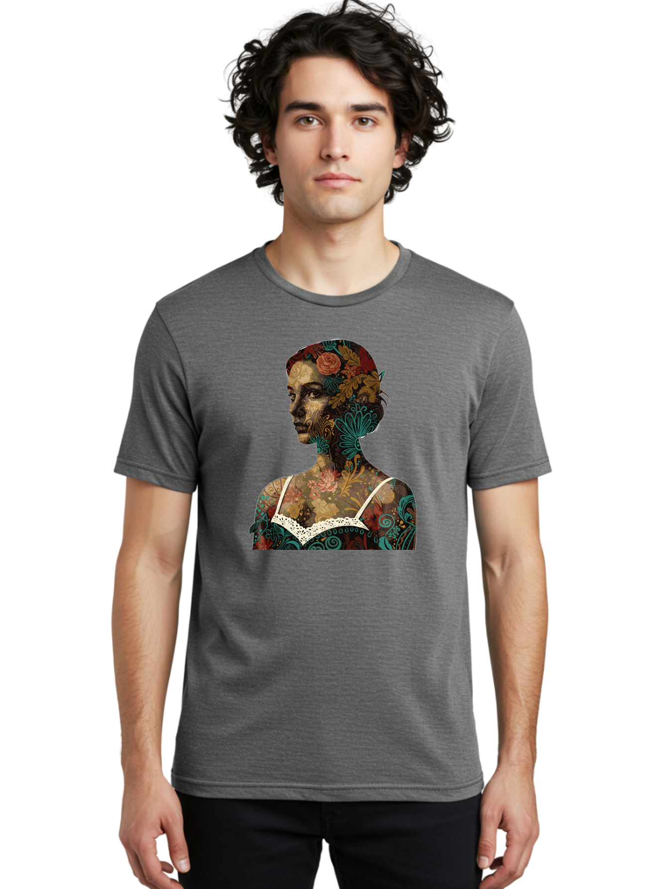 Floral-Woman Men'S Graphic Tee, 100% Cotton, Comfortable Casual Summer Wear, Machine Washable, Woman'S Profile, Floral Patterns, Intricate Designs, Vibrant Colors, Bohemian Style, Artistic Expression, Digital Art, Floral Motifs, Bad107