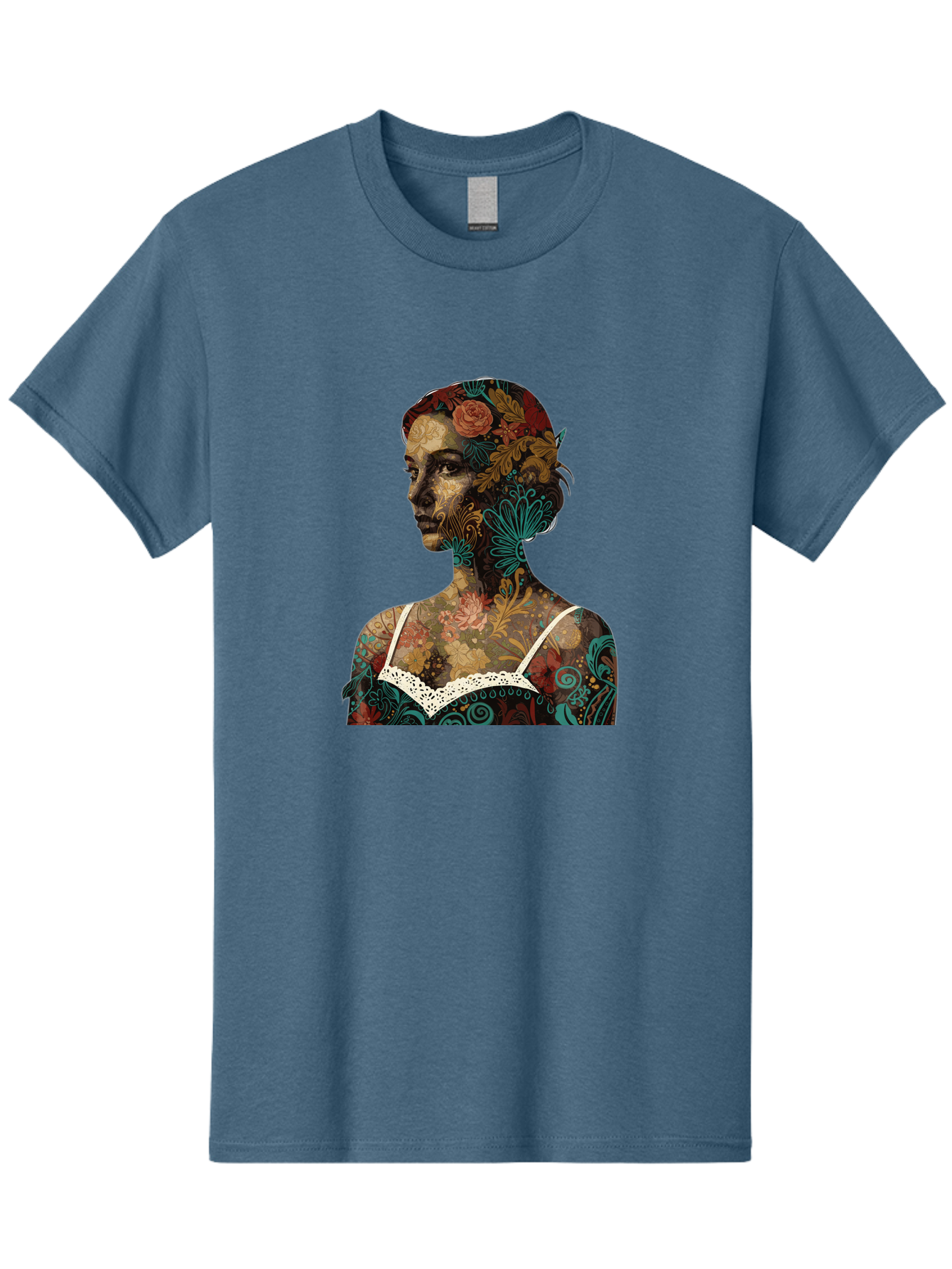 Floral-Woman Men'S Graphic Tee, 100% Cotton, Comfortable Casual Summer Wear, Machine Washable, Woman'S Profile, Floral Patterns, Intricate Designs, Vibrant Colors, Bohemian Style, Artistic Expression, Digital Art, Floral Motifs, Bad107