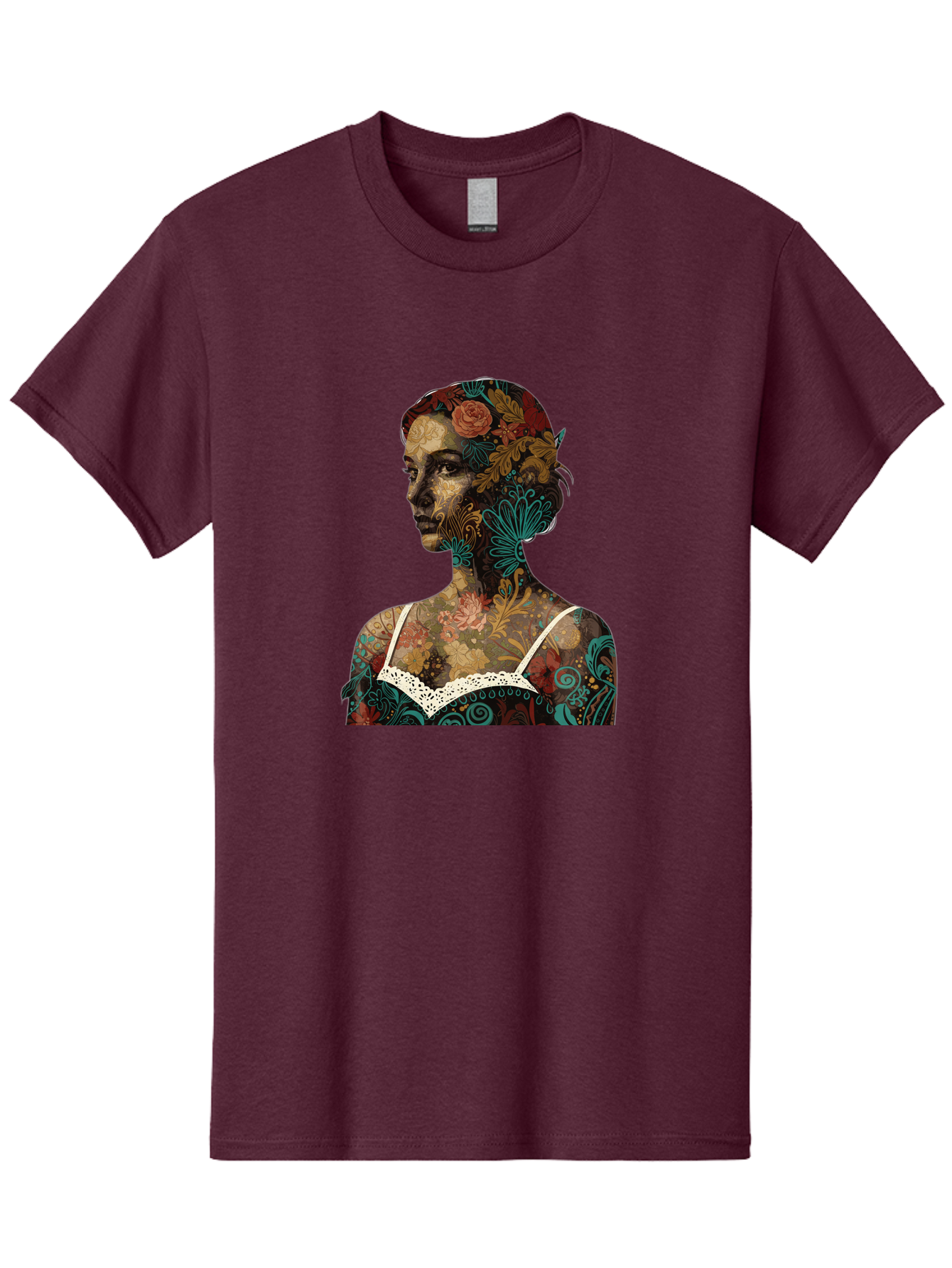 Floral-Woman Men'S Graphic Tee, 100% Cotton, Comfortable Casual Summer Wear, Machine Washable, Woman'S Profile, Floral Patterns, Intricate Designs, Vibrant Colors, Bohemian Style, Artistic Expression, Digital Art, Floral Motifs, Bad107
