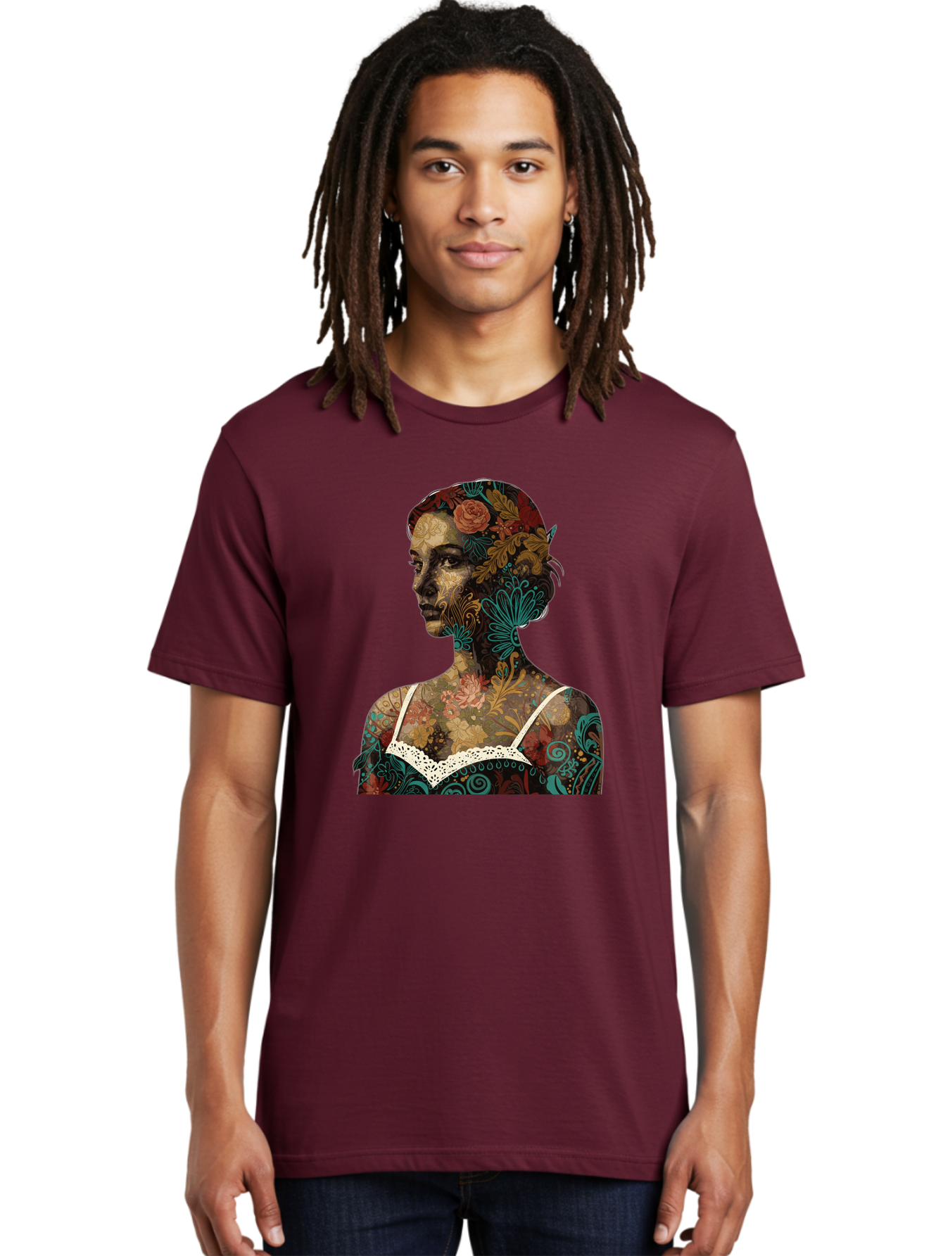 Floral-Woman Men'S Graphic Tee, 100% Cotton, Comfortable Casual Summer Wear, Machine Washable, Woman'S Profile, Floral Patterns, Intricate Designs, Vibrant Colors, Bohemian Style, Artistic Expression, Digital Art, Floral Motifs, Bad107