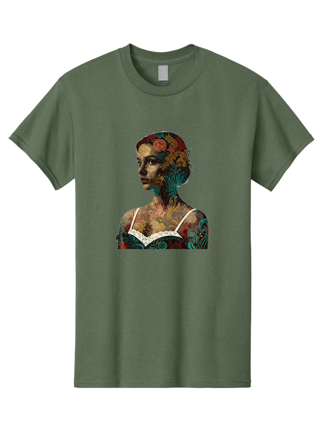Floral-Woman Men'S Graphic Tee, 100% Cotton, Comfortable Casual Summer Wear, Machine Washable, Woman'S Profile, Floral Patterns, Intricate Designs, Vibrant Colors, Bohemian Style, Artistic Expression, Digital Art, Floral Motifs, Bad107