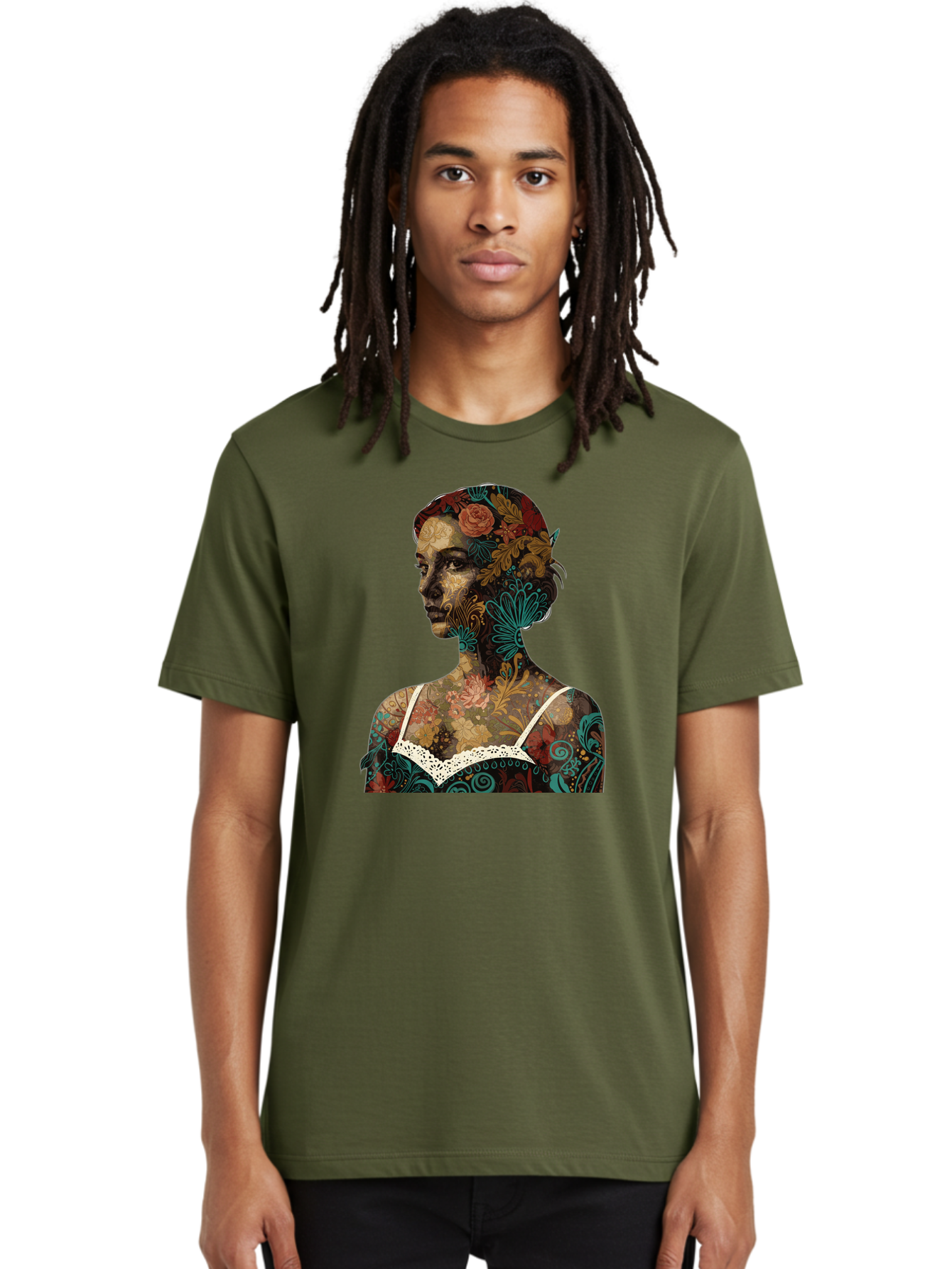 Floral-Woman Men'S Graphic Tee, 100% Cotton, Comfortable Casual Summer Wear, Machine Washable, Woman'S Profile, Floral Patterns, Intricate Designs, Vibrant Colors, Bohemian Style, Artistic Expression, Digital Art, Floral Motifs, Bad107