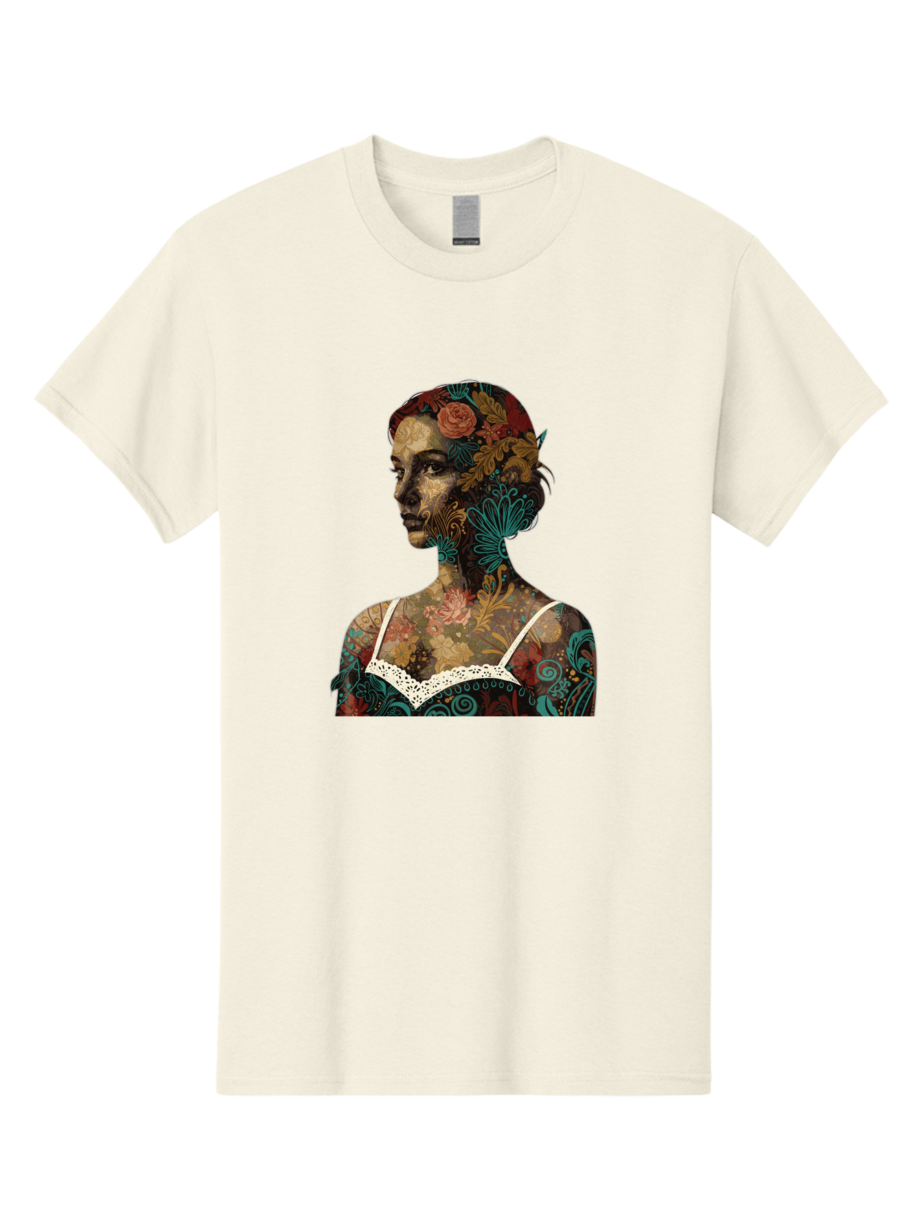 Floral-Woman Men'S Graphic Tee, 100% Cotton, Comfortable Casual Summer Wear, Machine Washable, Woman'S Profile, Floral Patterns, Intricate Designs, Vibrant Colors, Bohemian Style, Artistic Expression, Digital Art, Floral Motifs, Bad107