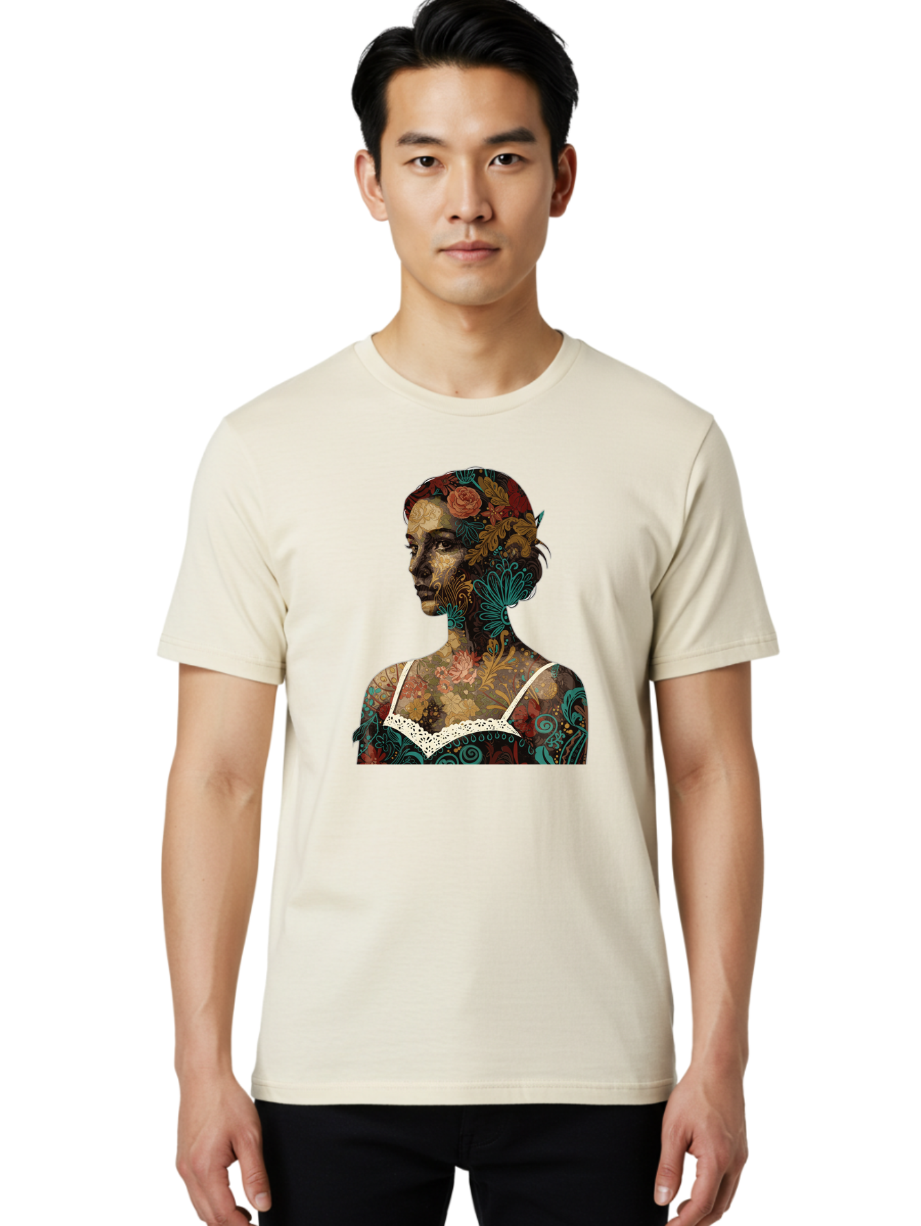 Floral-Woman Men'S Graphic Tee, 100% Cotton, Comfortable Casual Summer Wear, Machine Washable, Woman'S Profile, Floral Patterns, Intricate Designs, Vibrant Colors, Bohemian Style, Artistic Expression, Digital Art, Floral Motifs, Bad107