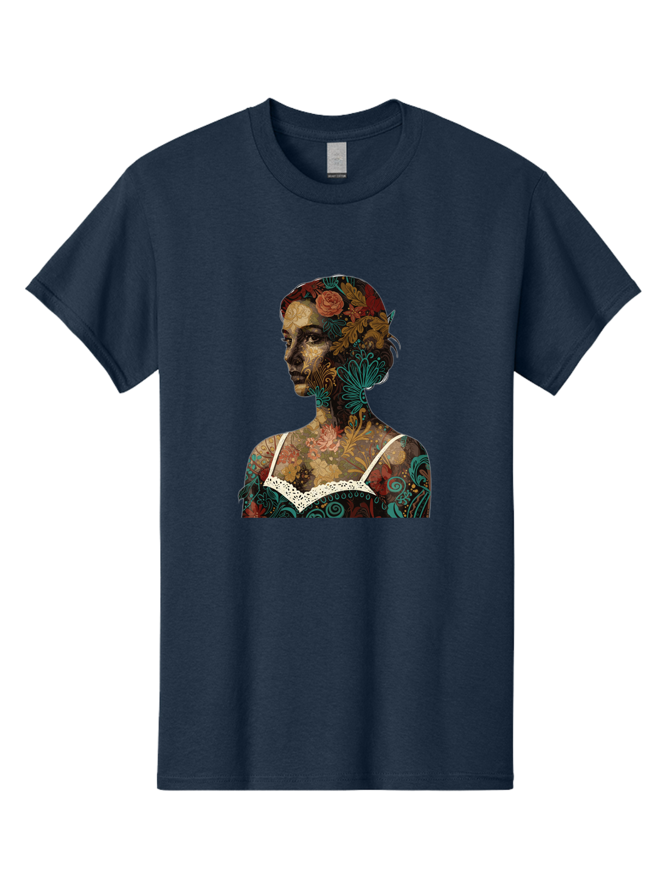 Floral-Woman Men'S Graphic Tee, 100% Cotton, Comfortable Casual Summer Wear, Machine Washable, Woman'S Profile, Floral Patterns, Intricate Designs, Vibrant Colors, Bohemian Style, Artistic Expression, Digital Art, Floral Motifs, Bad107