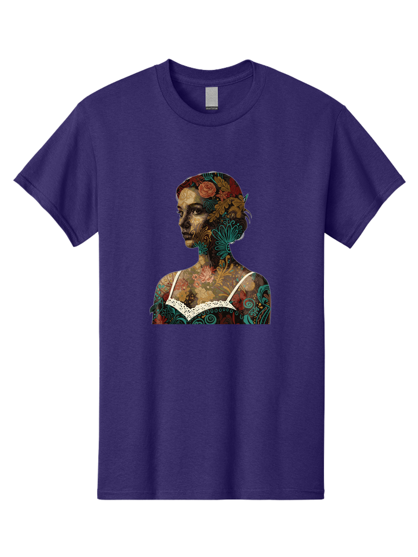 Floral-Woman Men'S Graphic Tee, 100% Cotton, Comfortable Casual Summer Wear, Machine Washable, Woman'S Profile, Floral Patterns, Intricate Designs, Vibrant Colors, Bohemian Style, Artistic Expression, Digital Art, Floral Motifs, Bad107