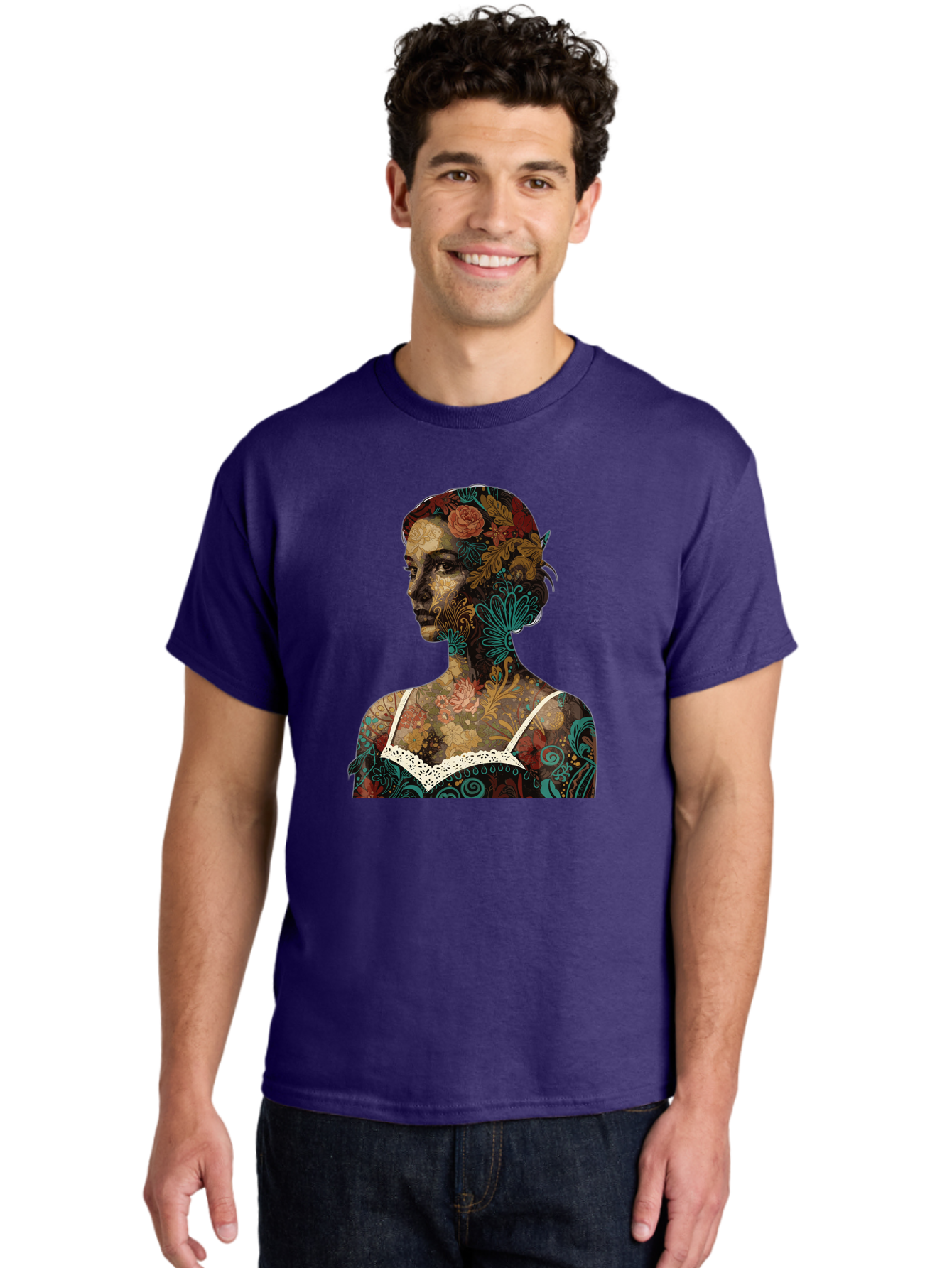 Floral-Woman Men'S Graphic Tee, 100% Cotton, Comfortable Casual Summer Wear, Machine Washable, Woman'S Profile, Floral Patterns, Intricate Designs, Vibrant Colors, Bohemian Style, Artistic Expression, Digital Art, Floral Motifs, Bad107