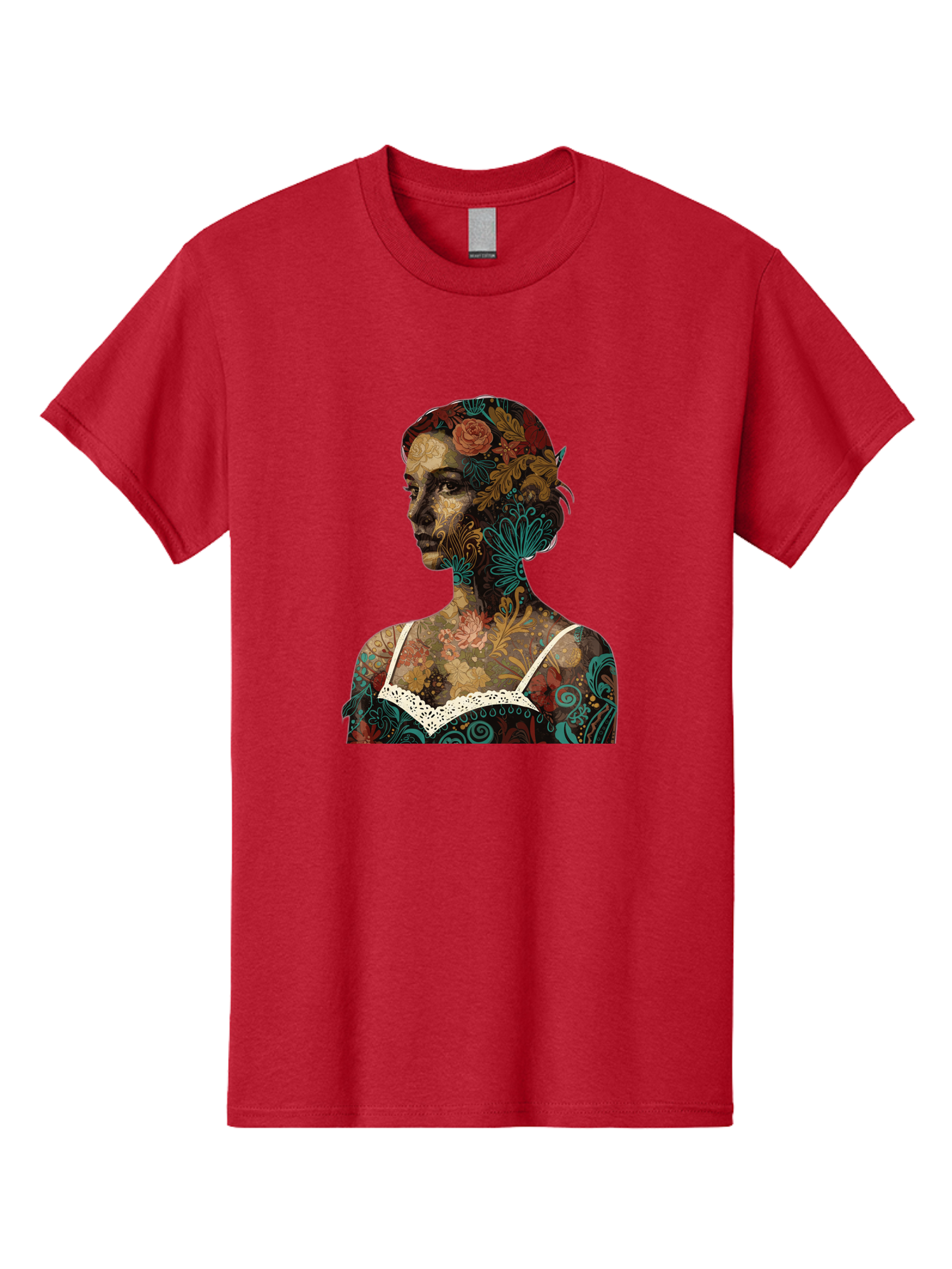 Floral-Woman Men'S Graphic Tee, 100% Cotton, Comfortable Casual Summer Wear, Machine Washable, Woman'S Profile, Floral Patterns, Intricate Designs, Vibrant Colors, Bohemian Style, Artistic Expression, Digital Art, Floral Motifs, Bad107