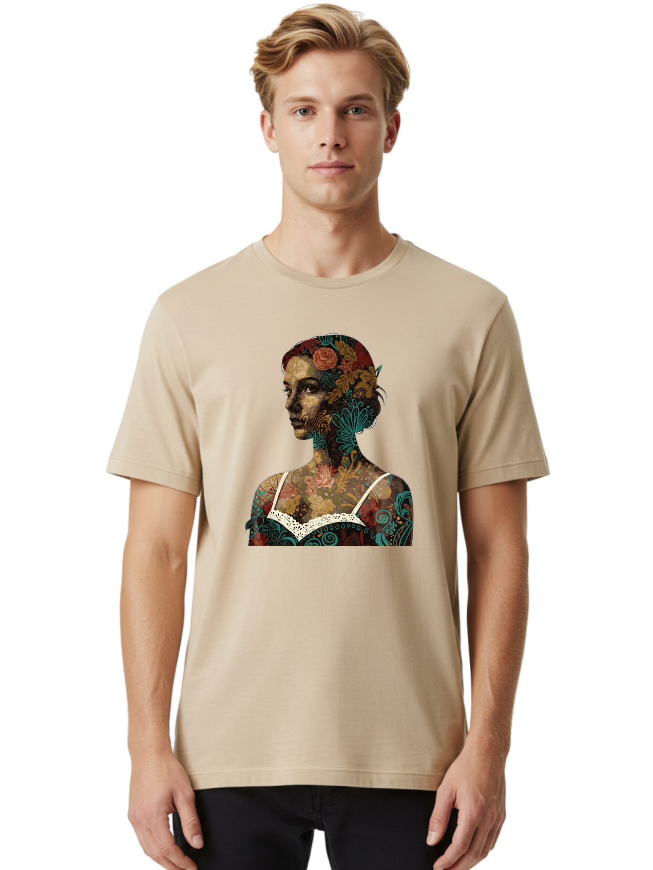 Floral-Woman Men'S Graphic Tee, 100% Cotton, Comfortable Casual Summer Wear, Machine Washable, Woman'S Profile, Floral Patterns, Intricate Designs, Vibrant Colors, Bohemian Style, Artistic Expression, Digital Art, Floral Motifs, Bad107