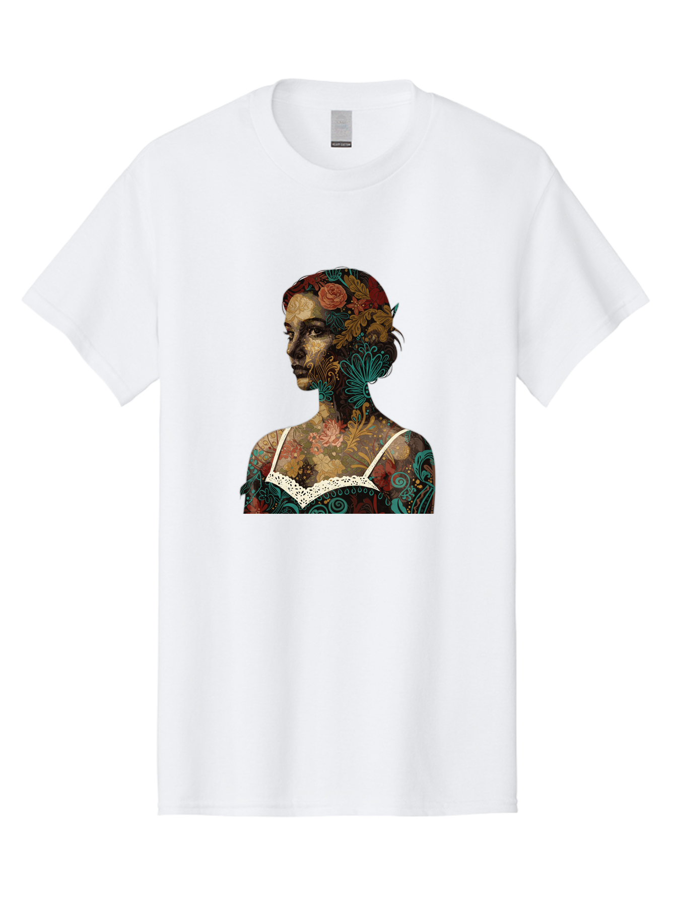 Floral-Woman Men'S Graphic Tee, 100% Cotton, Comfortable Casual Summer Wear, Machine Washable, Woman'S Profile, Floral Patterns, Intricate Designs, Vibrant Colors, Bohemian Style, Artistic Expression, Digital Art, Floral Motifs, Bad107
