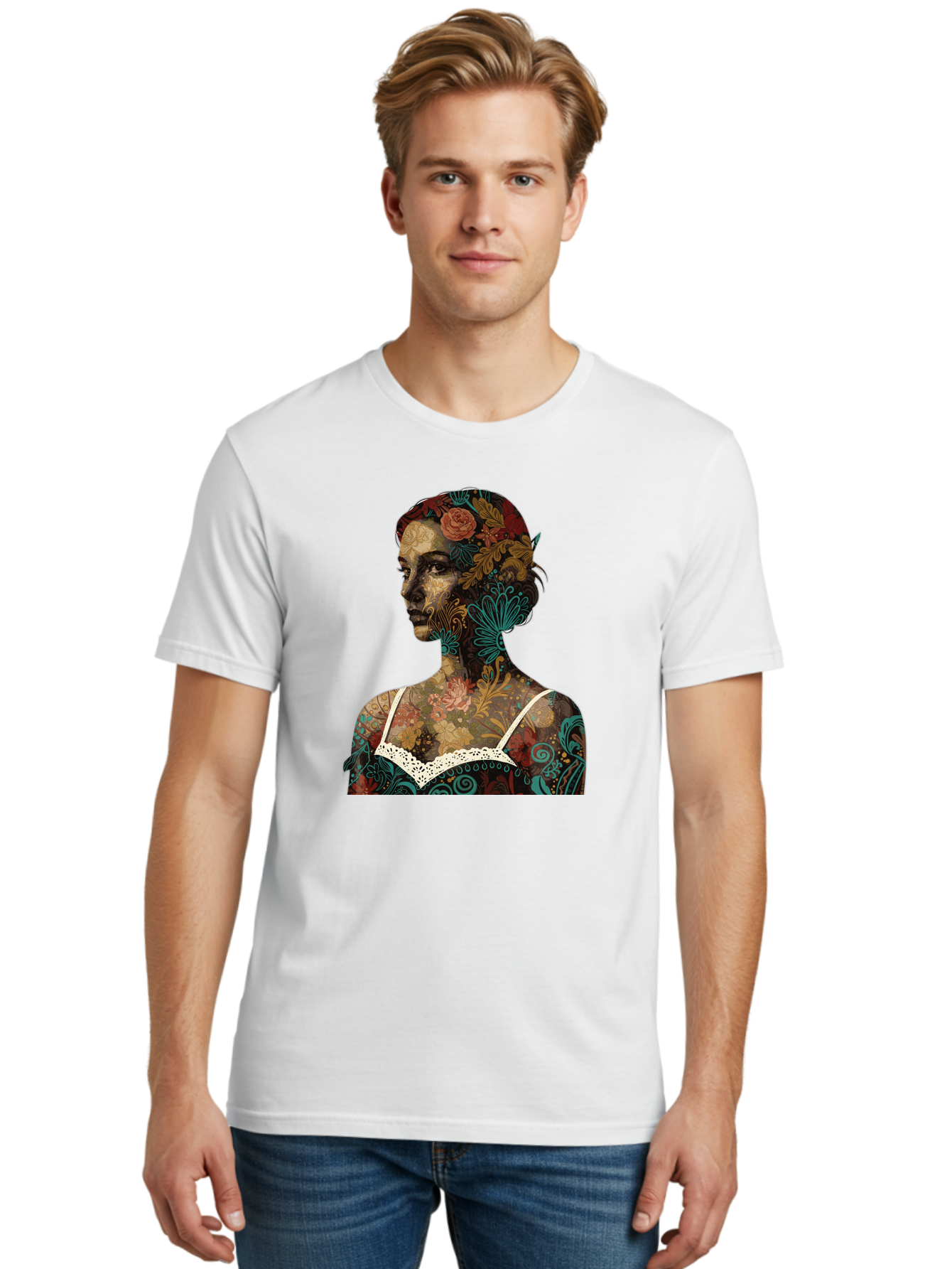 Floral-Woman Men'S Graphic Tee, 100% Cotton, Comfortable Casual Summer Wear, Machine Washable, Woman'S Profile, Floral Patterns, Intricate Designs, Vibrant Colors, Bohemian Style, Artistic Expression, Digital Art, Floral Motifs, Bad107