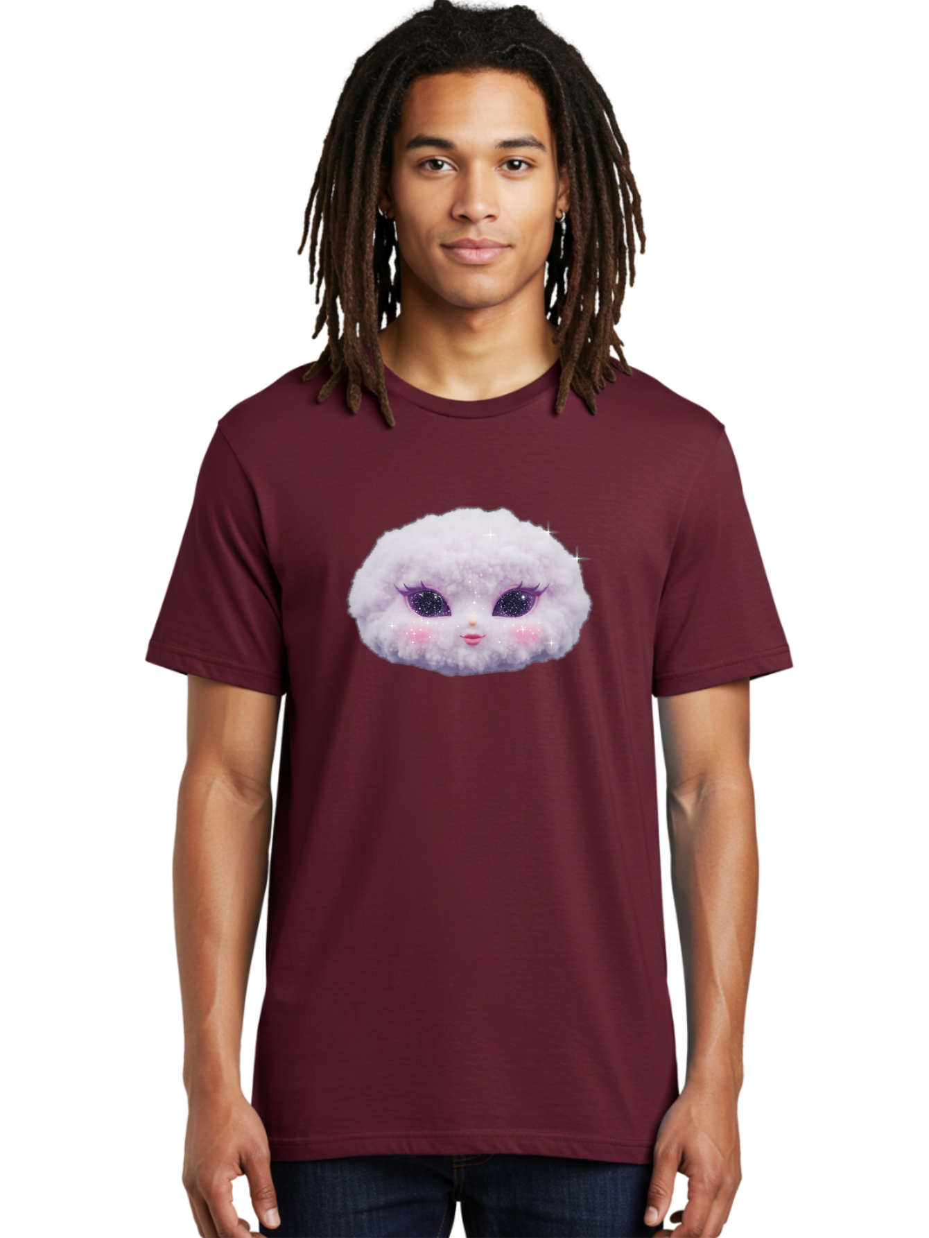 Fluffy-Cloud-Pet Men'S Graphic Tee, 100% Cotton, Comfortable Casual Summer Wear, Machine Washable, Cute Cartoon Character, Fluffy White Pom, Pink Cheeks, Purple Eyes, Sparkly Eyelashes, Sweet Expression, Children'S Illustration, Bad108