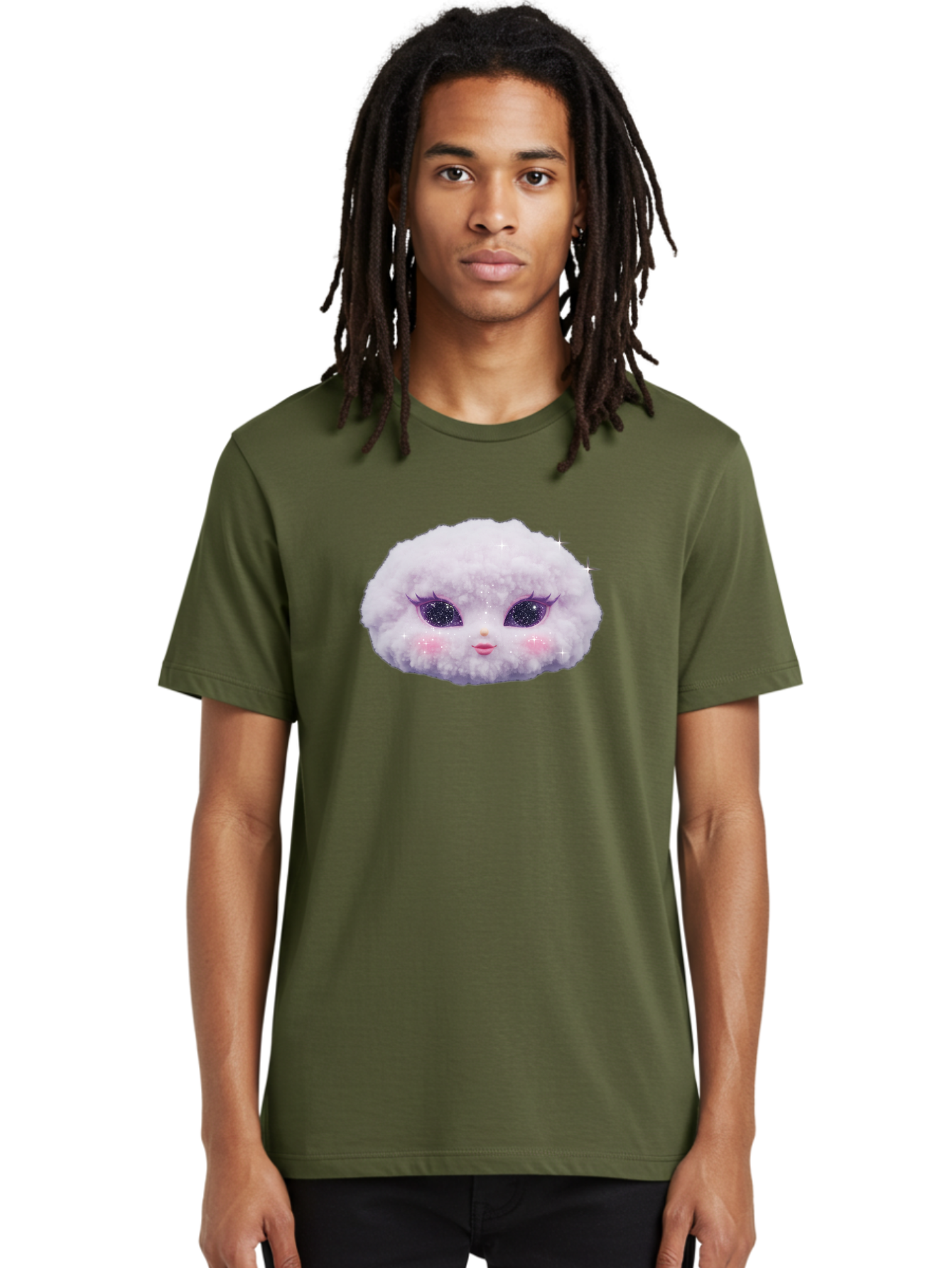 Fluffy-Cloud-Pet Men'S Graphic Tee, 100% Cotton, Comfortable Casual Summer Wear, Machine Washable, Cute Cartoon Character, Fluffy White Pom, Pink Cheeks, Purple Eyes, Sparkly Eyelashes, Sweet Expression, Children'S Illustration, Bad108