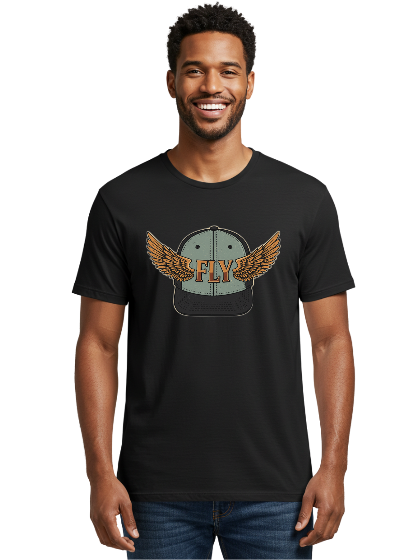 Fly-Baseball-Cap Men'S Graphic Tee, 100% Cotton, Comfortable Casual Summer Wear, Machine Washable, Baseball Cap With Wings, Fly Logo, Fashion Accessory, Streetwear Style, Winged Design, Casual Wear, Trendy Apparel, Hat With Wings Bad109