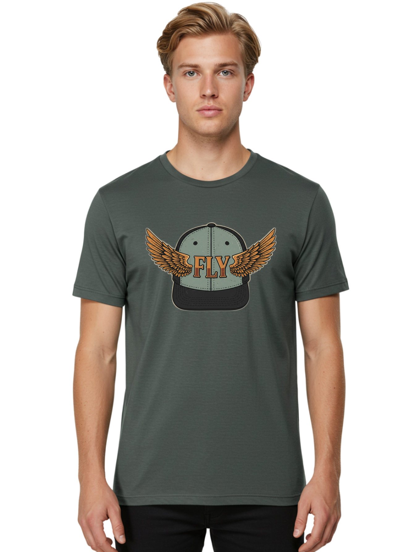 Fly-Baseball-Cap Men'S Graphic Tee, 100% Cotton, Comfortable Casual Summer Wear, Machine Washable, Baseball Cap With Wings, Fly Logo, Fashion Accessory, Streetwear Style, Winged Design, Casual Wear, Trendy Apparel, Hat With Wings Bad109