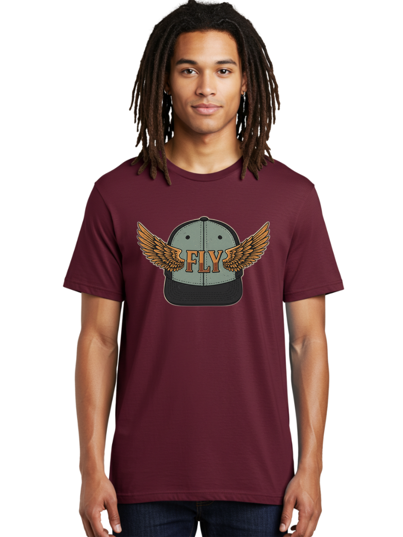 Fly-Baseball-Cap Men'S Graphic Tee, 100% Cotton, Comfortable Casual Summer Wear, Machine Washable, Baseball Cap With Wings, Fly Logo, Fashion Accessory, Streetwear Style, Winged Design, Casual Wear, Trendy Apparel, Hat With Wings Bad109