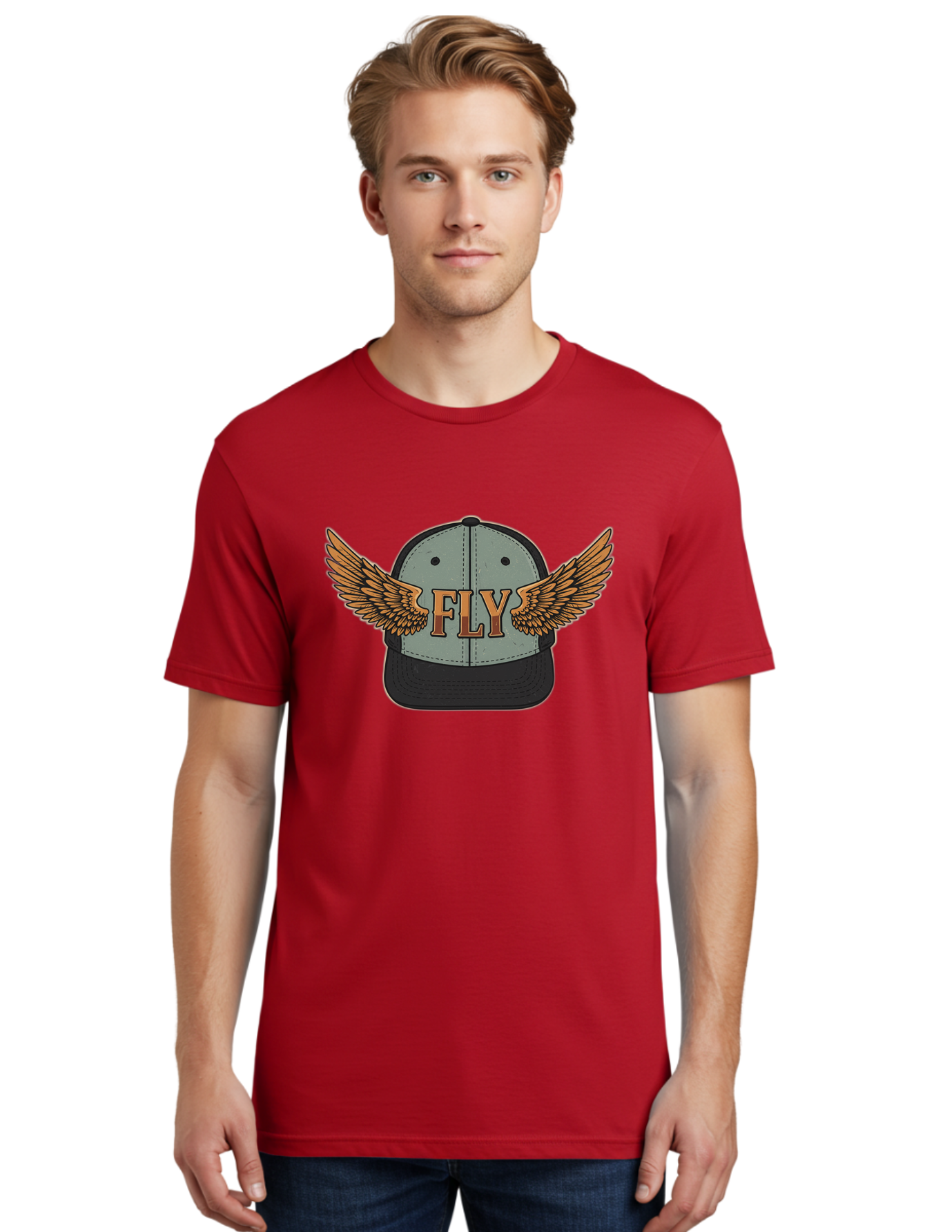 Fly-Baseball-Cap Men'S Graphic Tee, 100% Cotton, Comfortable Casual Summer Wear, Machine Washable, Baseball Cap With Wings, Fly Logo, Fashion Accessory, Streetwear Style, Winged Design, Casual Wear, Trendy Apparel, Hat With Wings Bad109