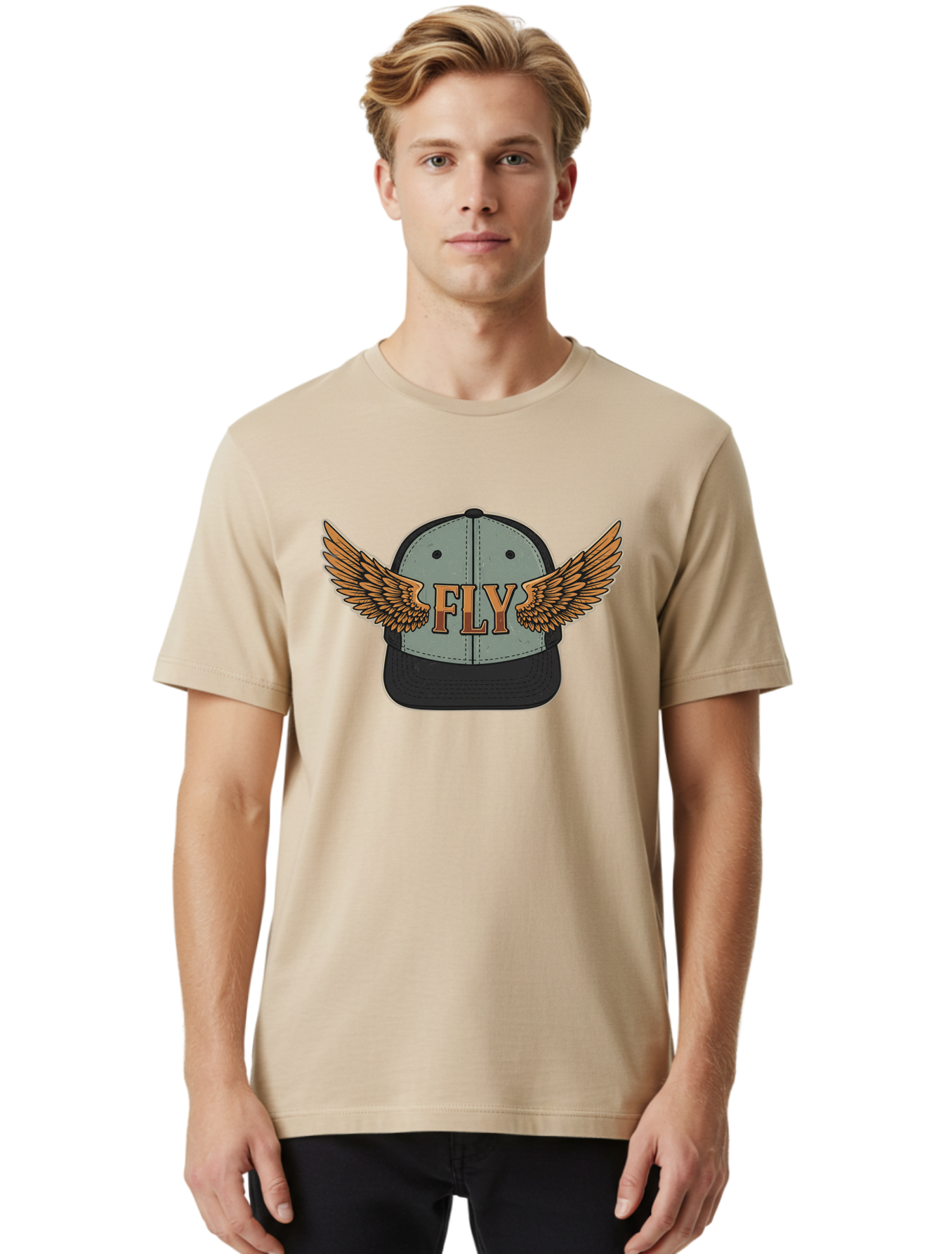 Fly-Baseball-Cap Men'S Graphic Tee, 100% Cotton, Comfortable Casual Summer Wear, Machine Washable, Baseball Cap With Wings, Fly Logo, Fashion Accessory, Streetwear Style, Winged Design, Casual Wear, Trendy Apparel, Hat With Wings Bad109