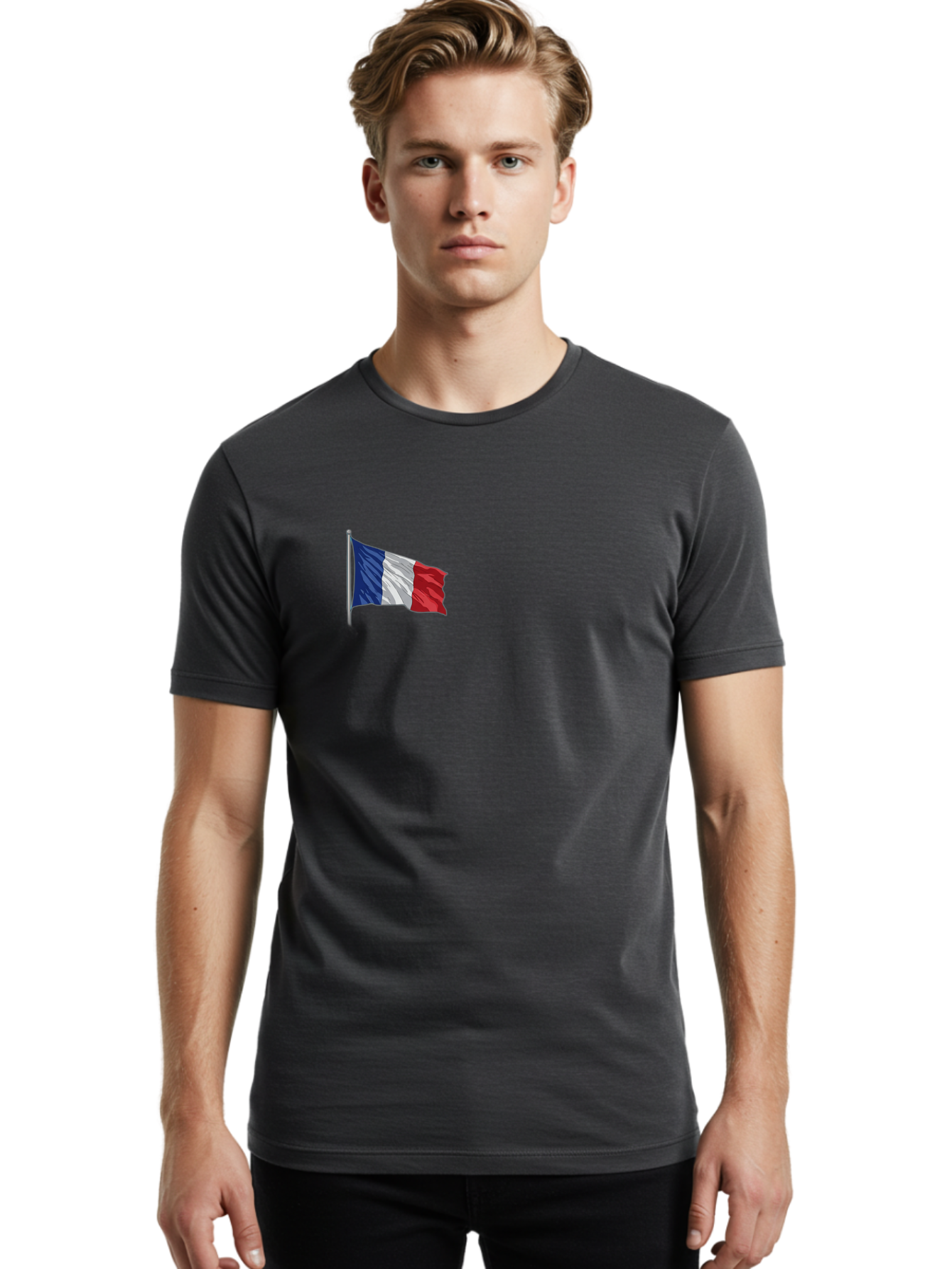 French-Flag Men'S Graphic Tee, 100% Cotton, Comfortable Casual Summer Wear, Machine Washable, French Flag Waving, National Symbol, France, Tricolor, Blue White And Red, Patriotic, Waving Flag, French Culture, Iconic Emblem, Country Flag Bad110