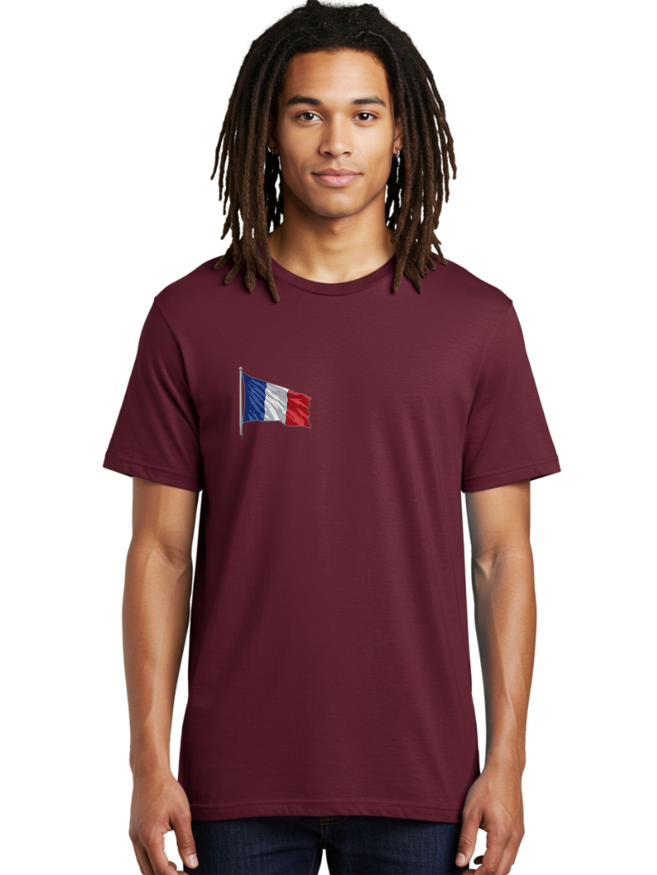 French-Flag Men'S Graphic Tee, 100% Cotton, Comfortable Casual Summer Wear, Machine Washable, French Flag Waving, National Symbol, France, Tricolor, Blue White And Red, Patriotic, Waving Flag, French Culture, Iconic Emblem, Country Flag Bad110